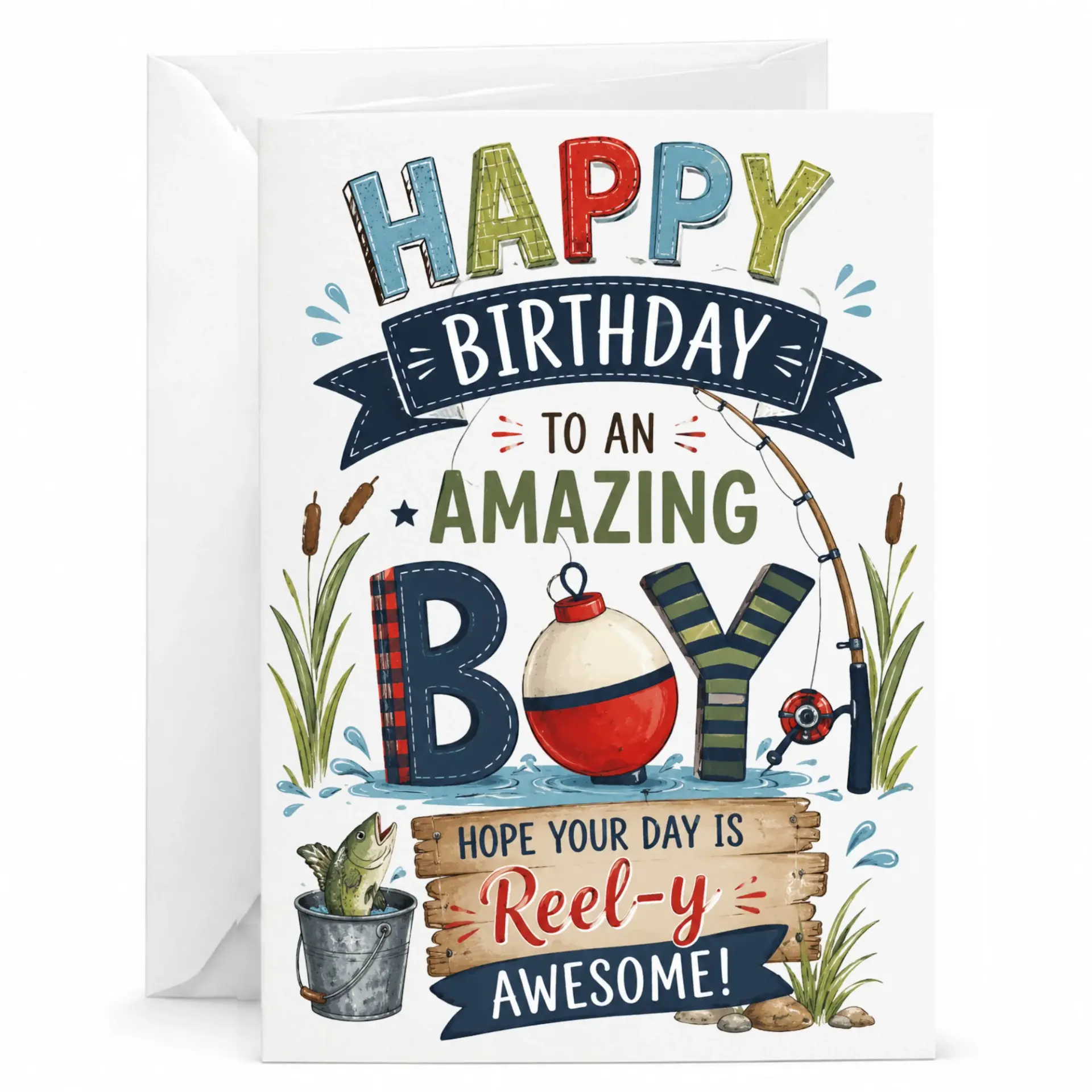 Birthday Card for Boy with Fishing Theme Funny Greeting Envelope Outdoor Enthusiasts 5x7 Inches