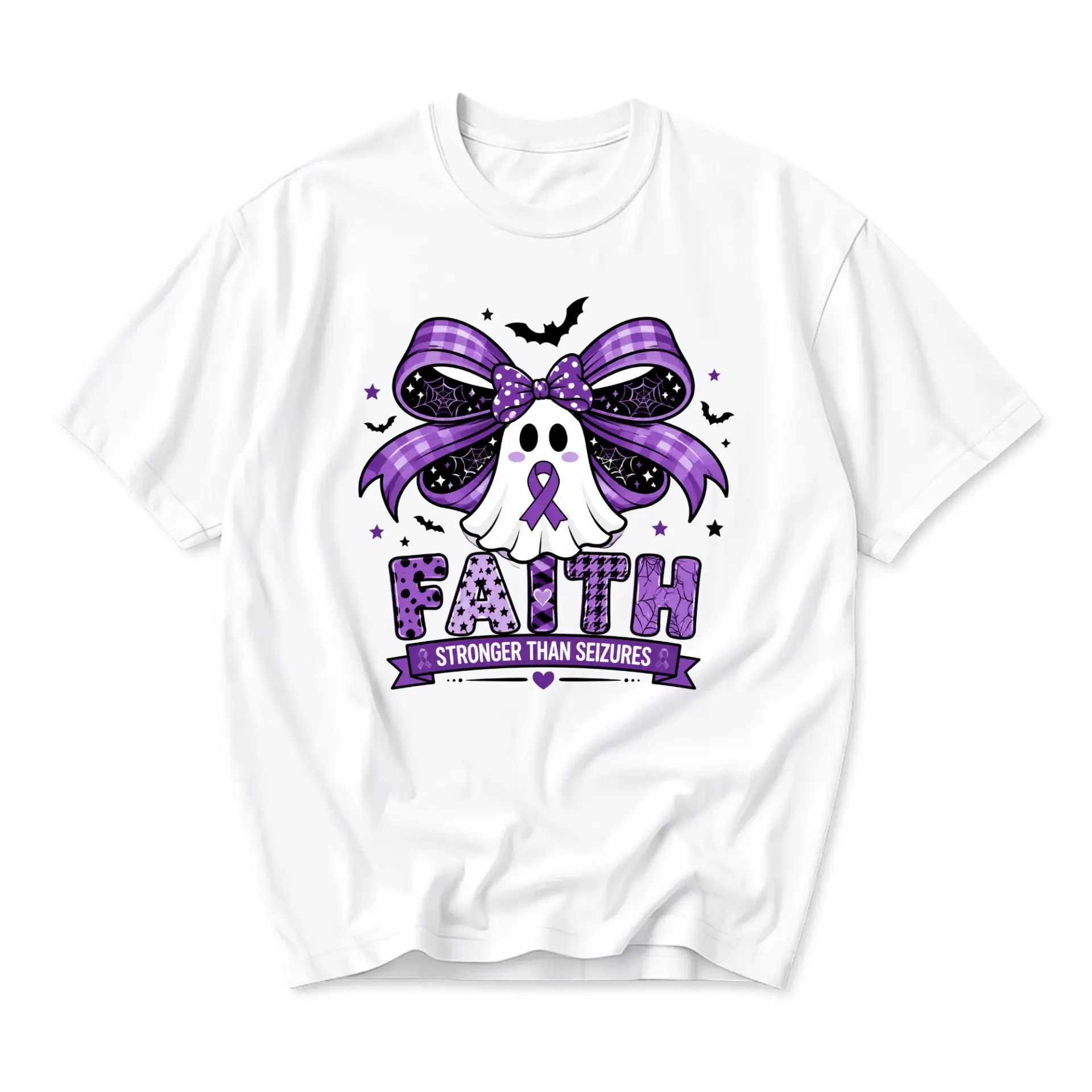 Graphic Tee Faith Stronger Than Seizures Purple Awareness Ribbon Ghost Design Unisex Crew Neck Short Sleeve Shirt
