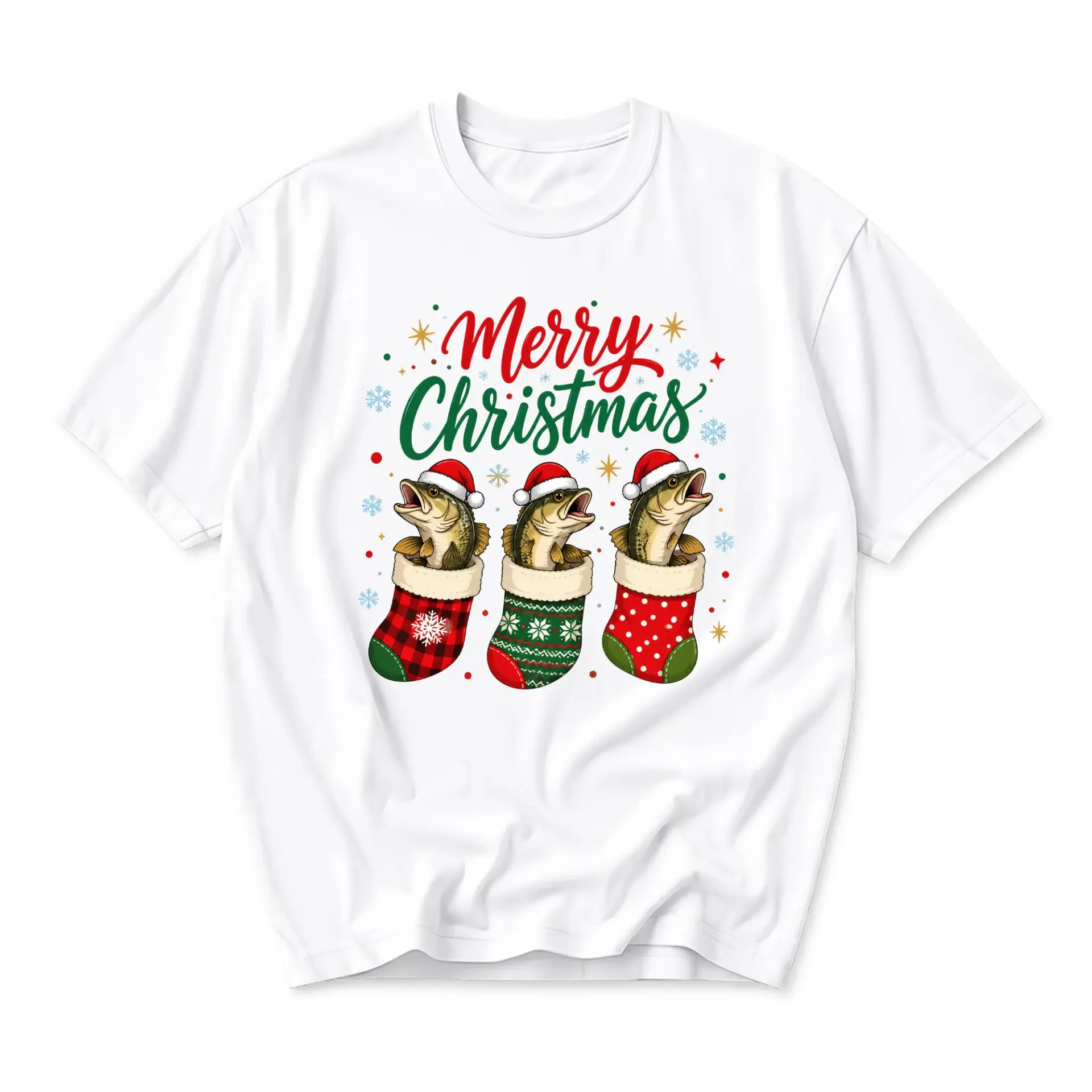 T-shirt Merry Christmas Fish in Stockings Graphic Tee Festive Holiday