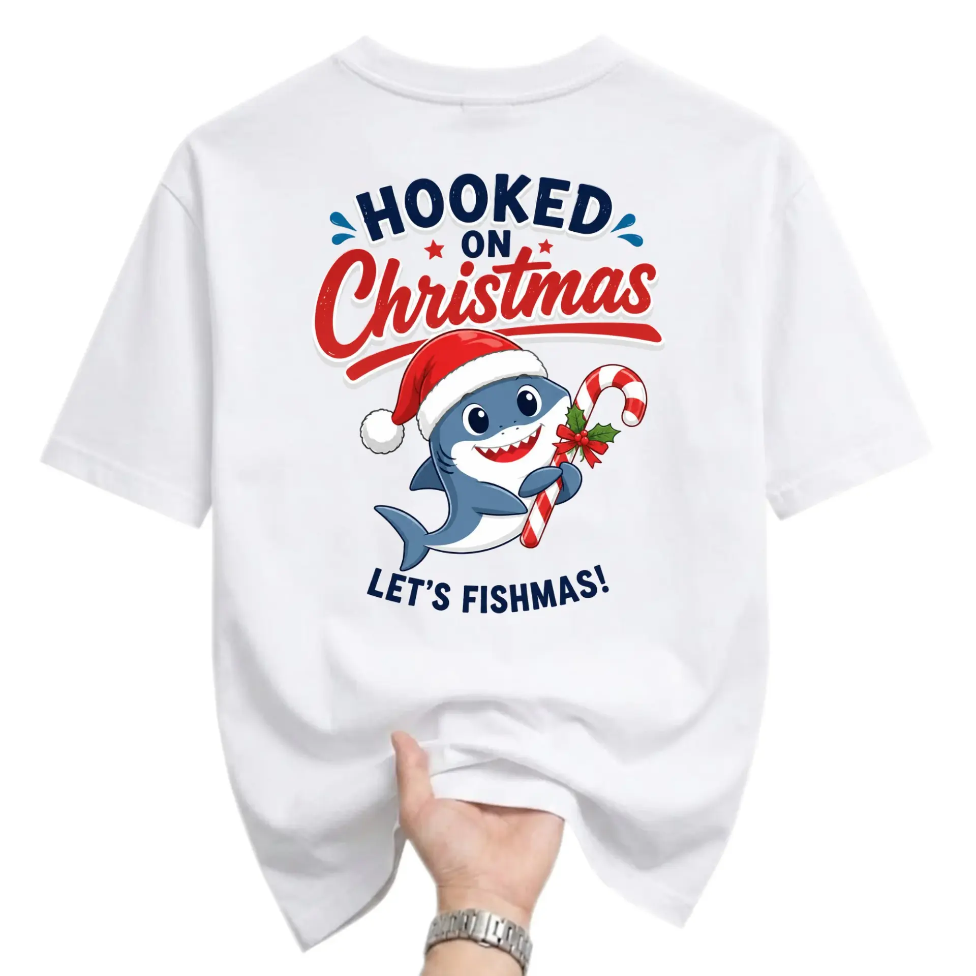Funny Shirt on Christmas Let's Fishmas Shark Graphic Tee Holiday Sea Life Novelty Unisex Crew Neck T-Shirt