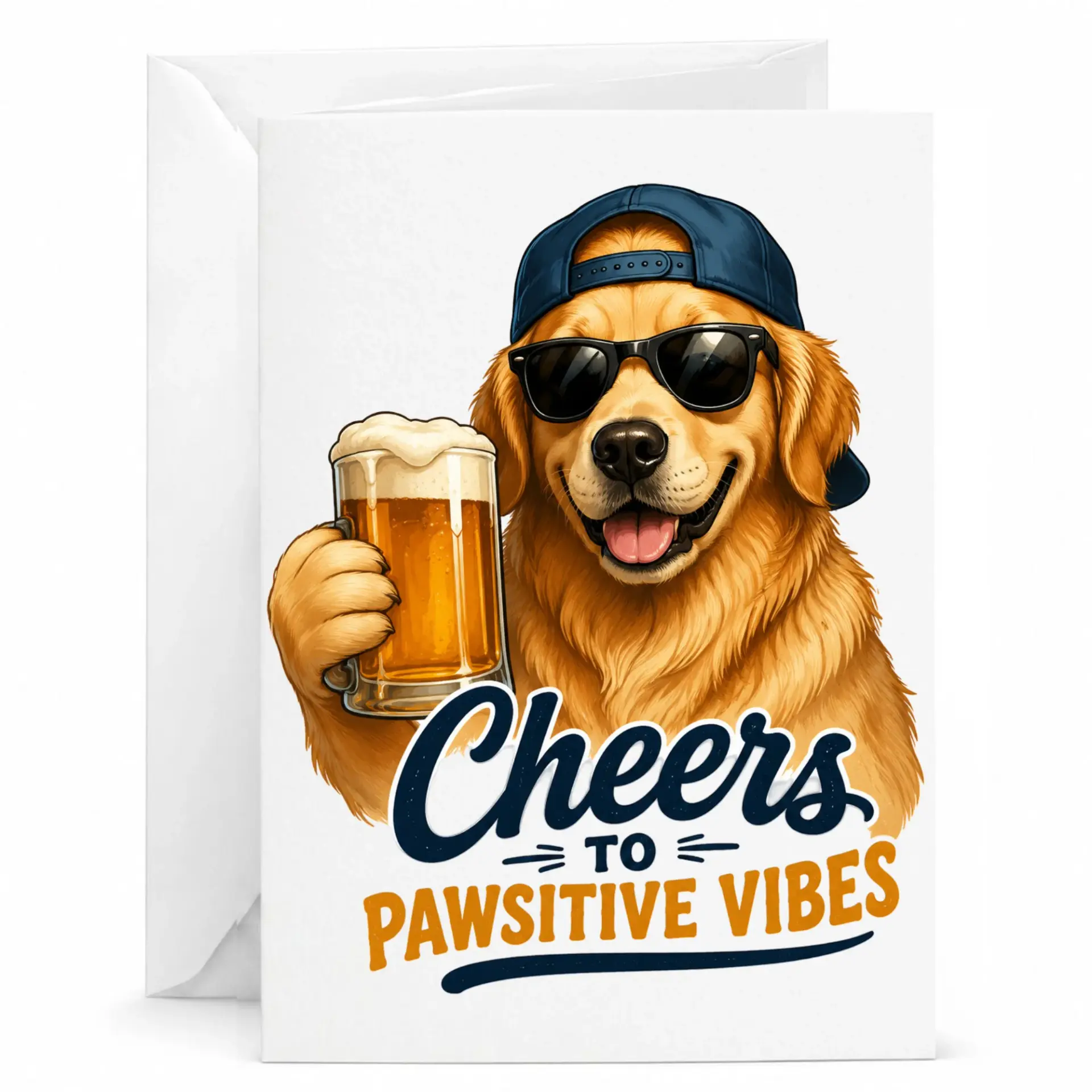Funny Dog Birthday Card Featuring Cool Retriever with Beer Glass and Cheers to Pawsitive Vibes Text Greeting