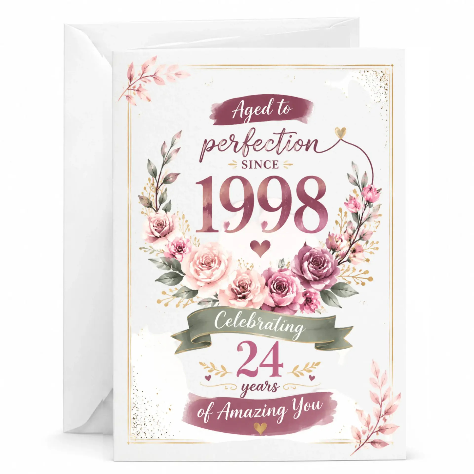 Birthday Card Aged to Perfection Since 1998 Floral Elegant Greeting Card for Milestone Celebration 24th Anniversary