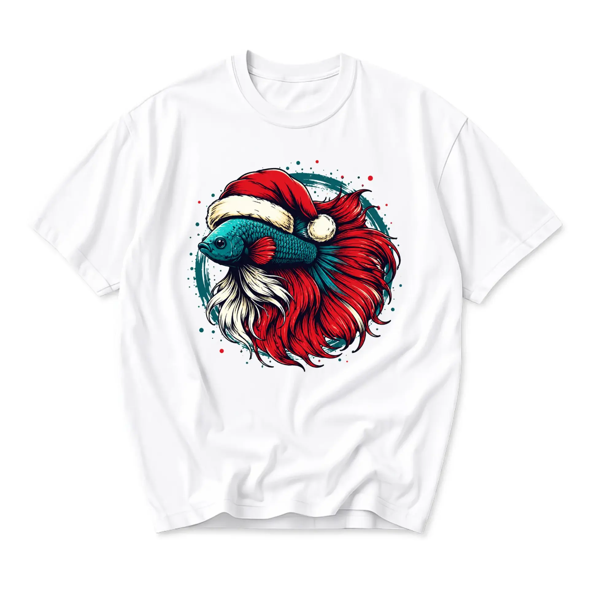Graphic Tee Unisex Crew Neck Short Sleeve Shirt Featuring Artistic Festive Fish Illustration for Casual Wear