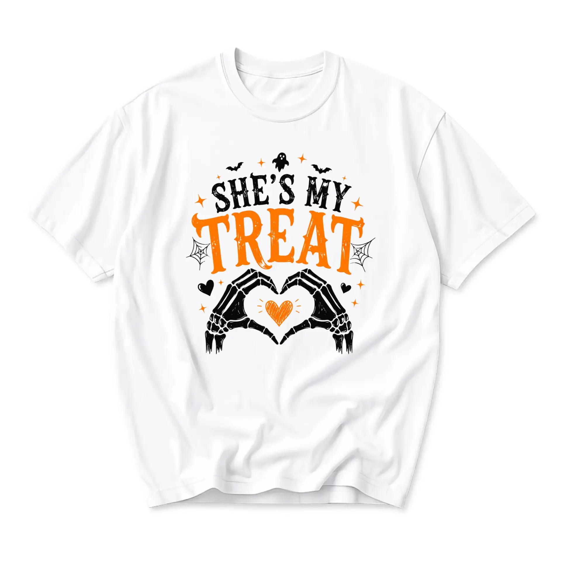 Graphic Tee She Is My Treat Skeleton Hands Heart Design Unisex Casual Everyday Crew Neck Soft Comfortable White Shirt