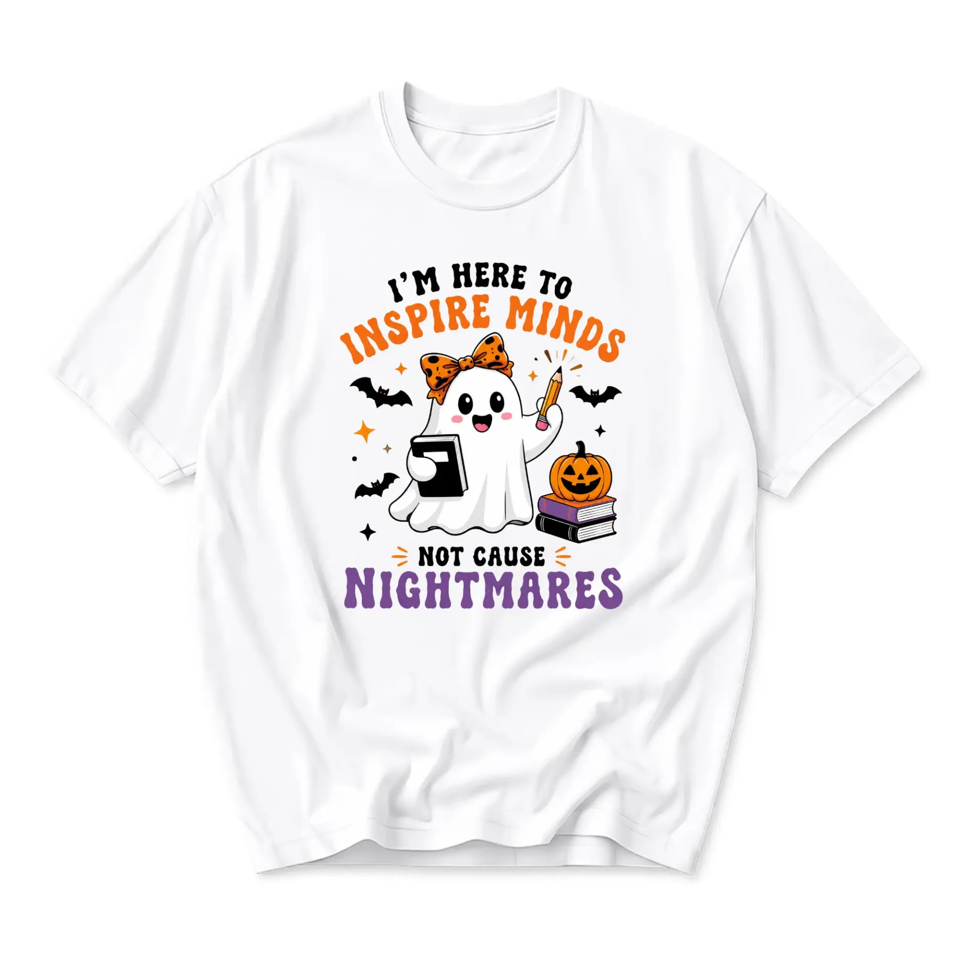 Graphic Tee Unisex Crew Neck Short Sleeve Shirt Featuring Cute Ghost Illustration with Inspirational Text Design
