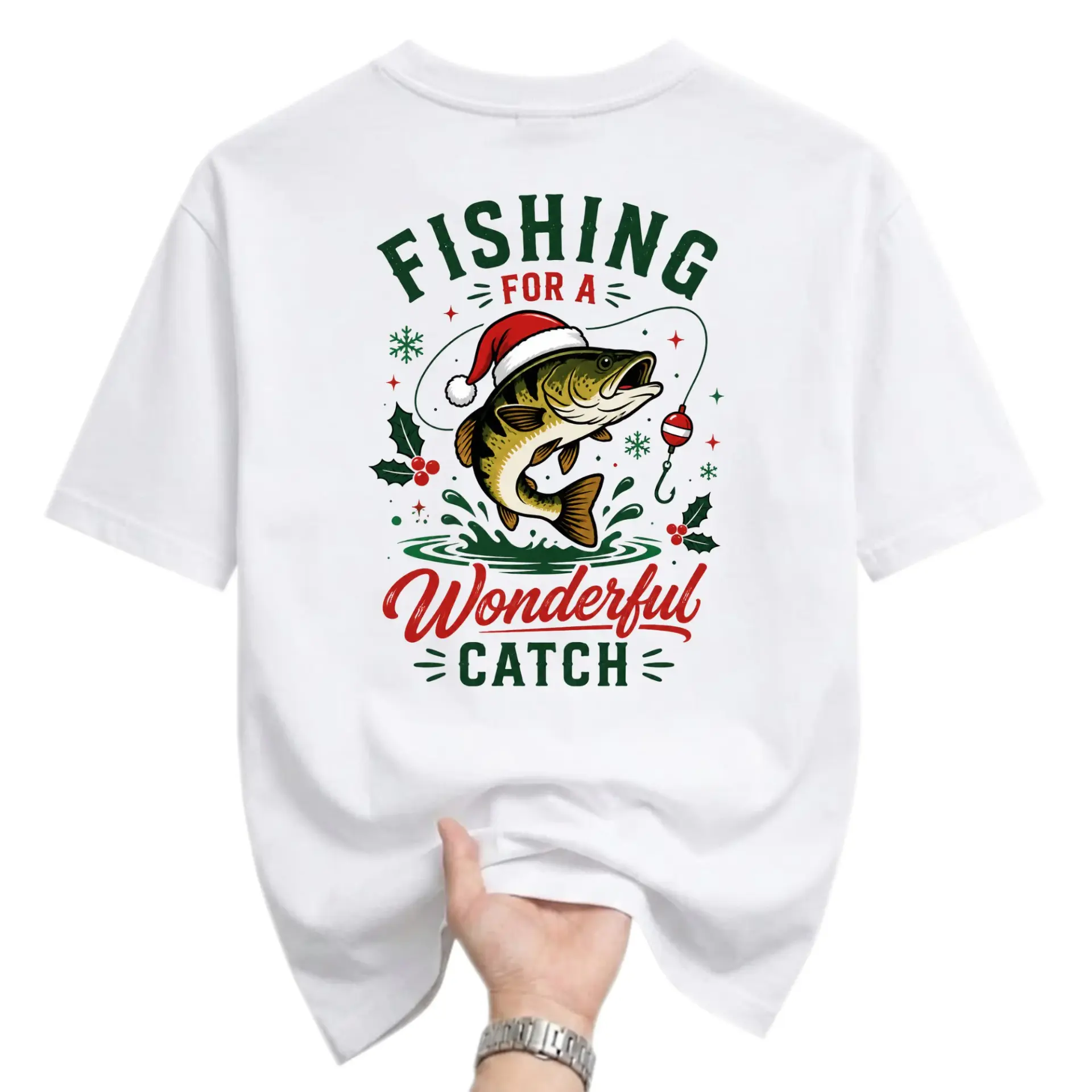 Funny Shirt Fishing for a Wonderful Catch Graphic Tee Holiday Unisex Crew Neck Casual Cotton Blend T-Shirt