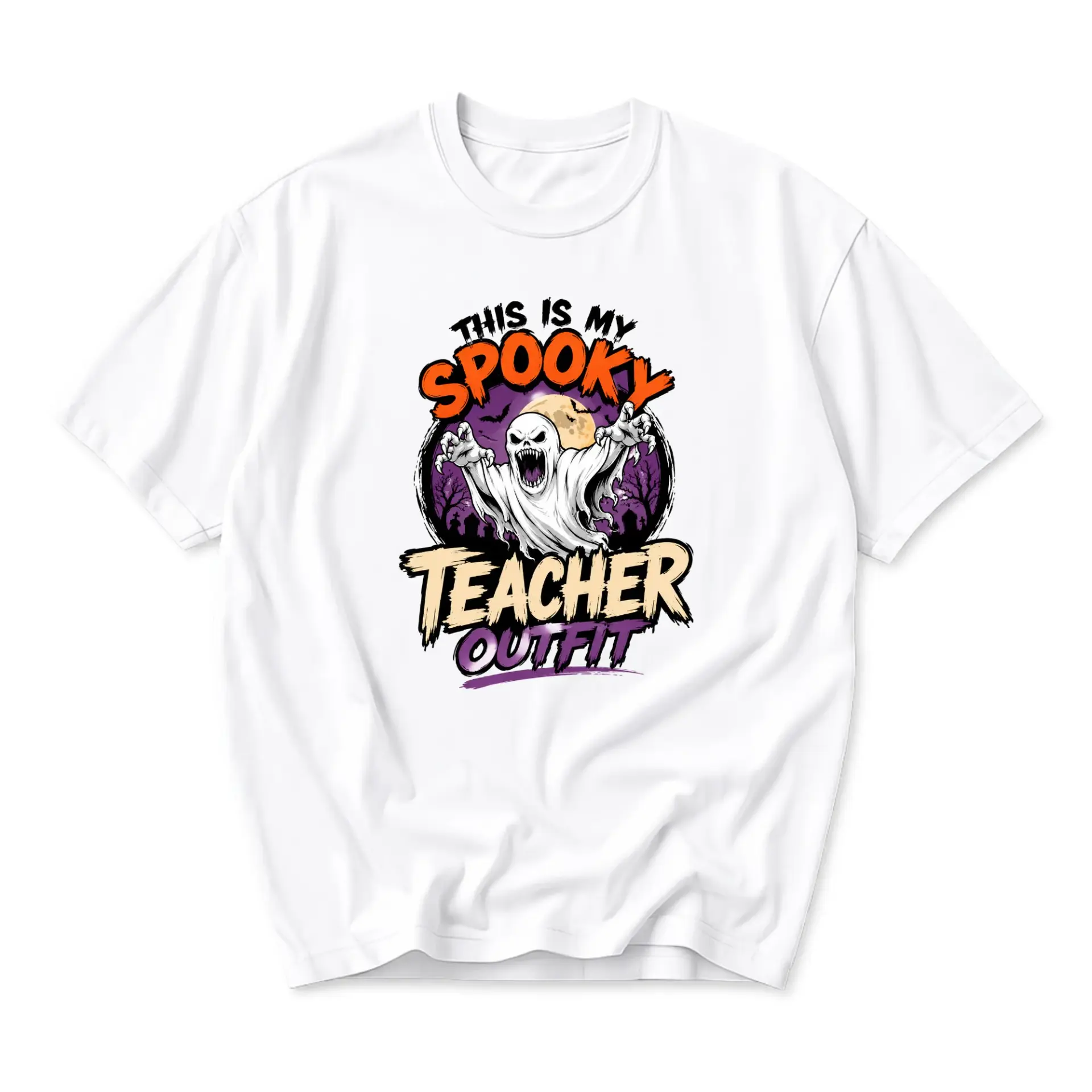 Funny Shirt This Is My Spooky Teacher Outfit Graphic Tee Unisex Crew Neck Casual Cotton Blend Apparel for Halloween