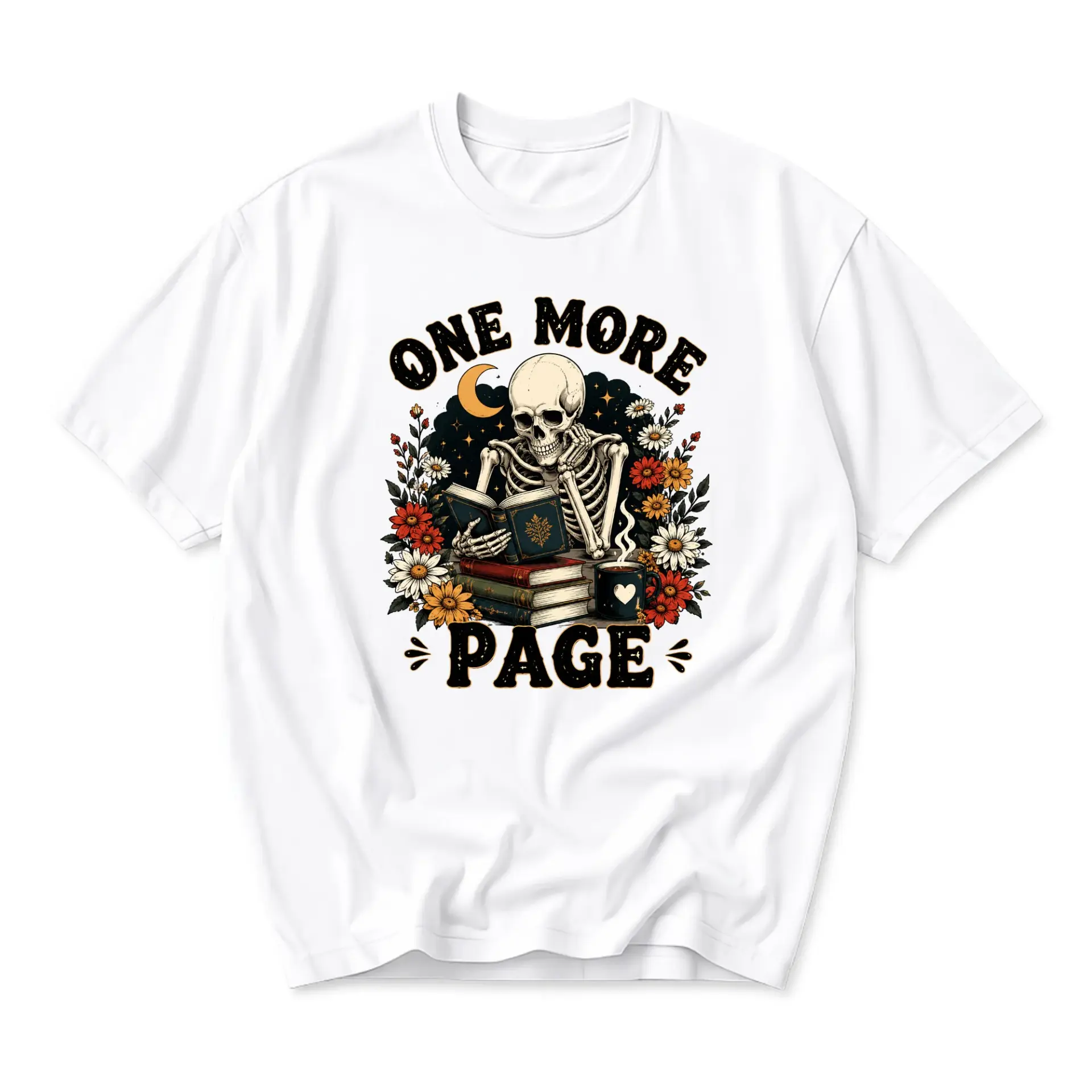 Graphic Tee One More Page Skeleton Reading Book Unisex Crew Neck T-Shirt Casual Everyday Apparel for Book Lovers