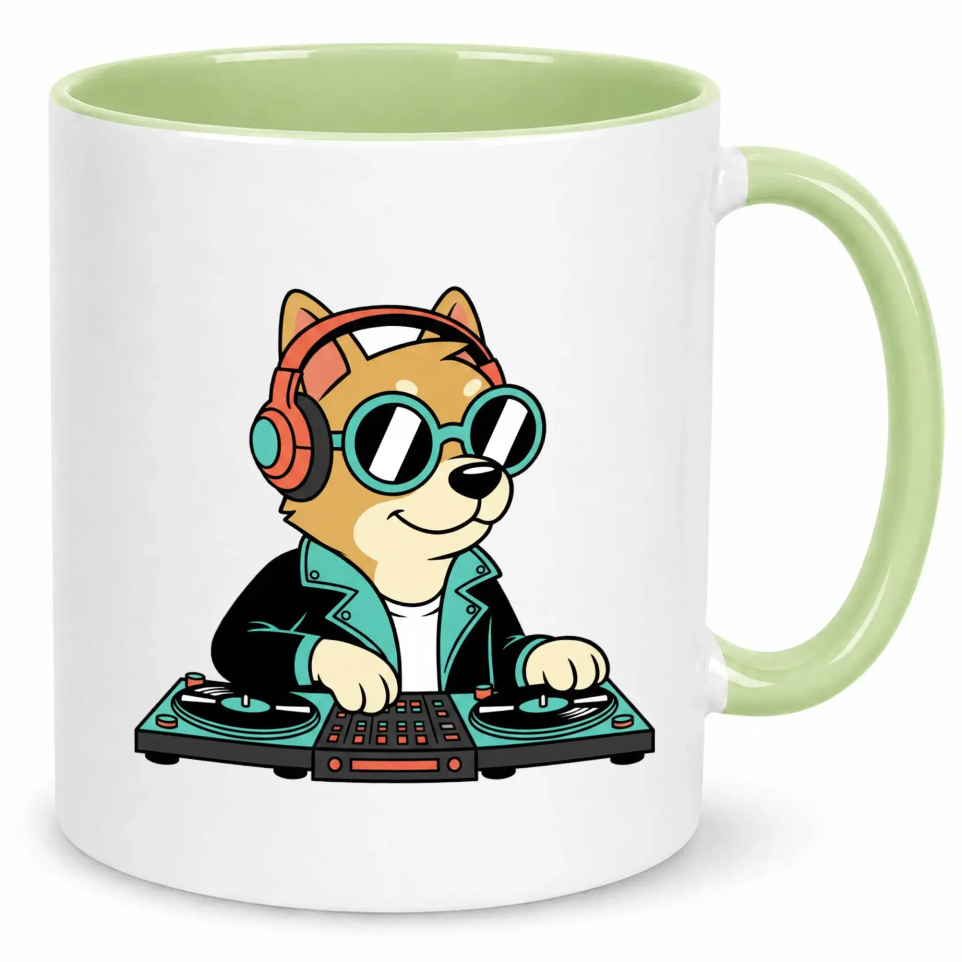 Funny Dj Dog Ceramic Coffee Mug with Cartoon Shiba Inu Design and Green Handle for Music Lovers 11oz or 15oz