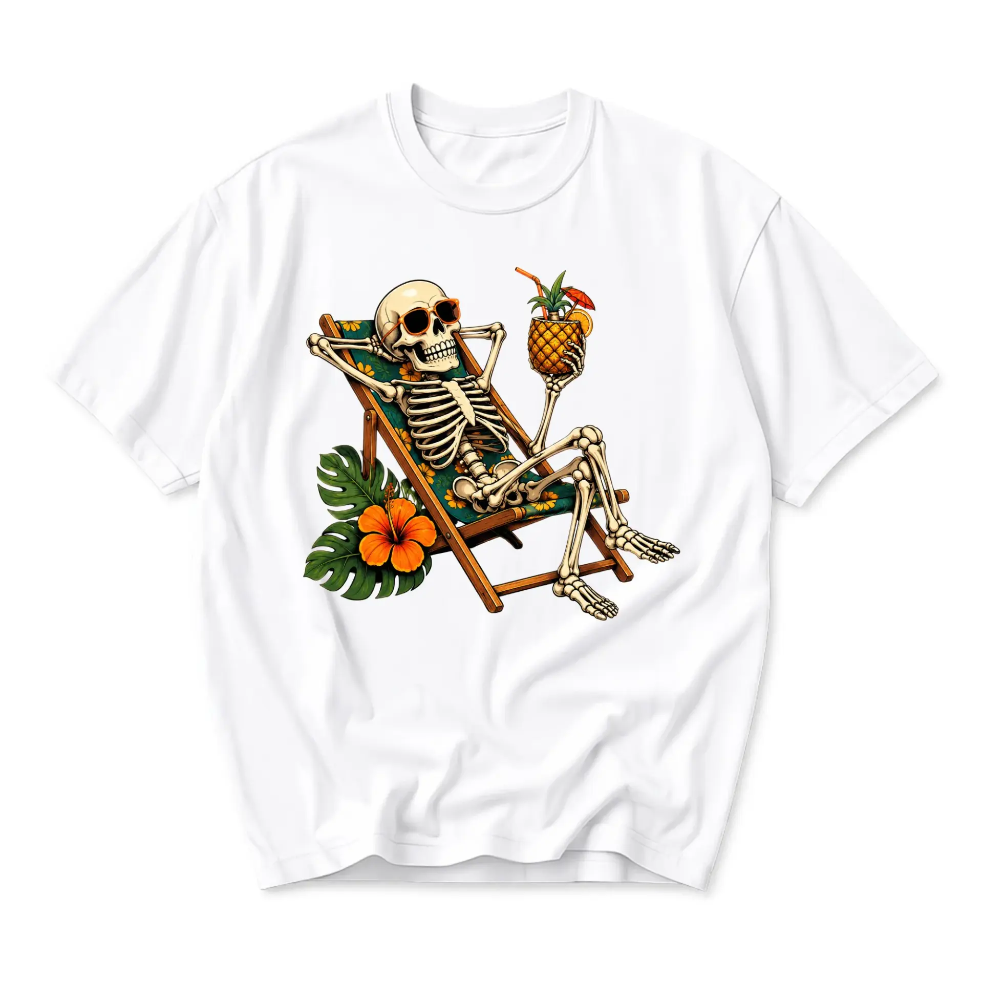 Graphic Tee Tropical Skeleton Relaxing on Beach Chair Summer Vacation Print Unisex Casual Short Sleeve Crew Neck Shirt