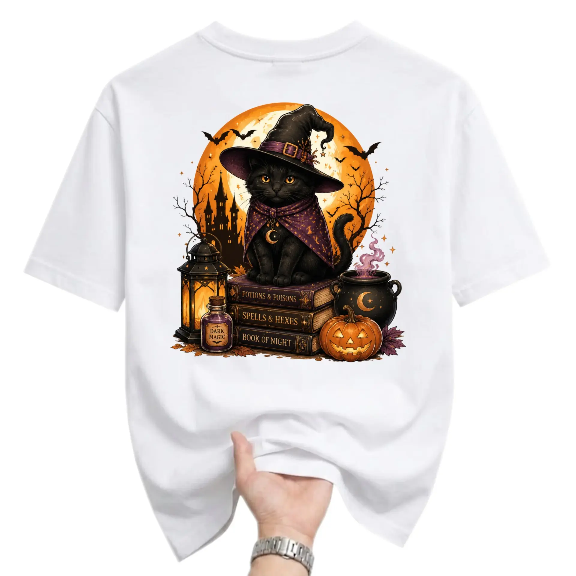 Graphic Tee Black Cat Wearing Witch Hat Autumn Halloween Illustration Unisex Crew Neck Soft Cotton Casual Shirt