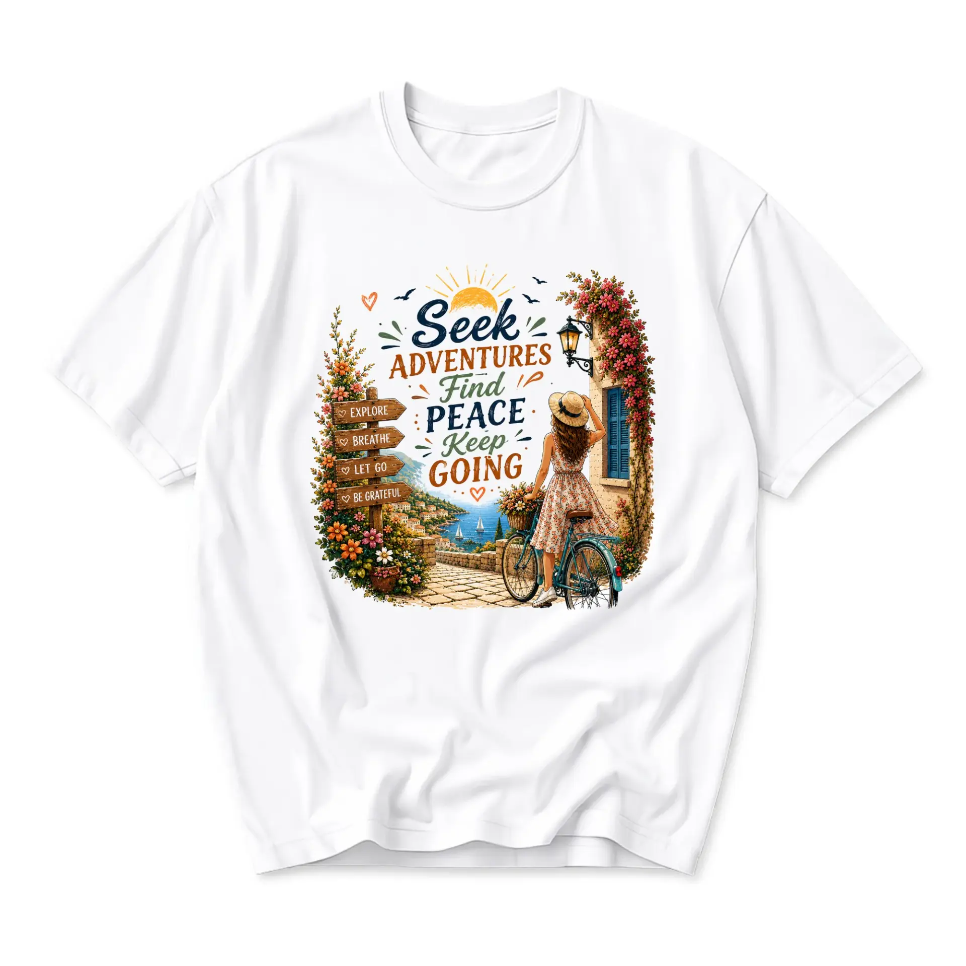 Graphic Tee Seek Adventures Find Peace Keep Going Inspirational Quote Nature Scene Unisex Crew Neck Short Sleeve Shirt