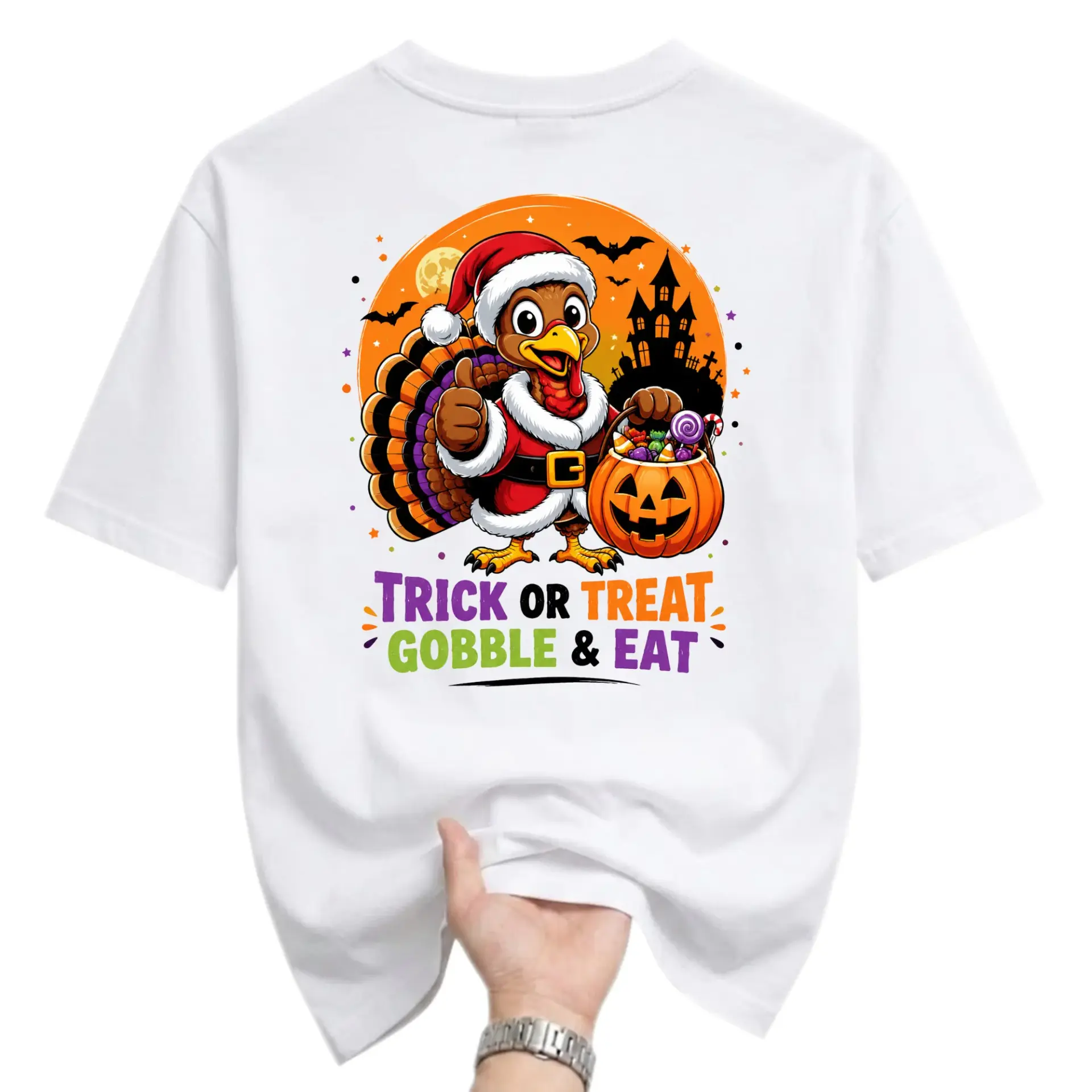 Funny Shirt Trick or Treat Gobble and Eat Graphic Tee Featuring a Festive Holiday Turkey Wearing a Santa Hat Outfit