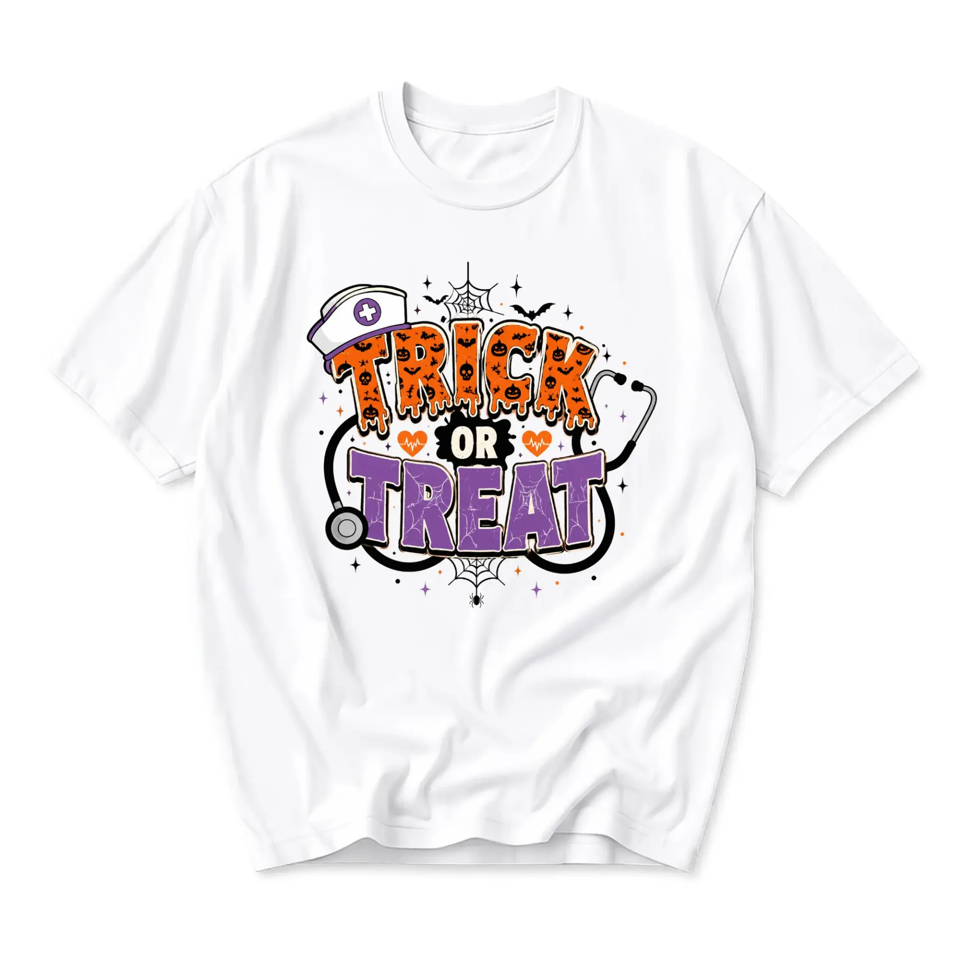 Funny Shirt Trick or Treat Nurse Stethoscope Halloween Graphic Tee Unisex Crew Neck Casual Cotton Blend Apparel