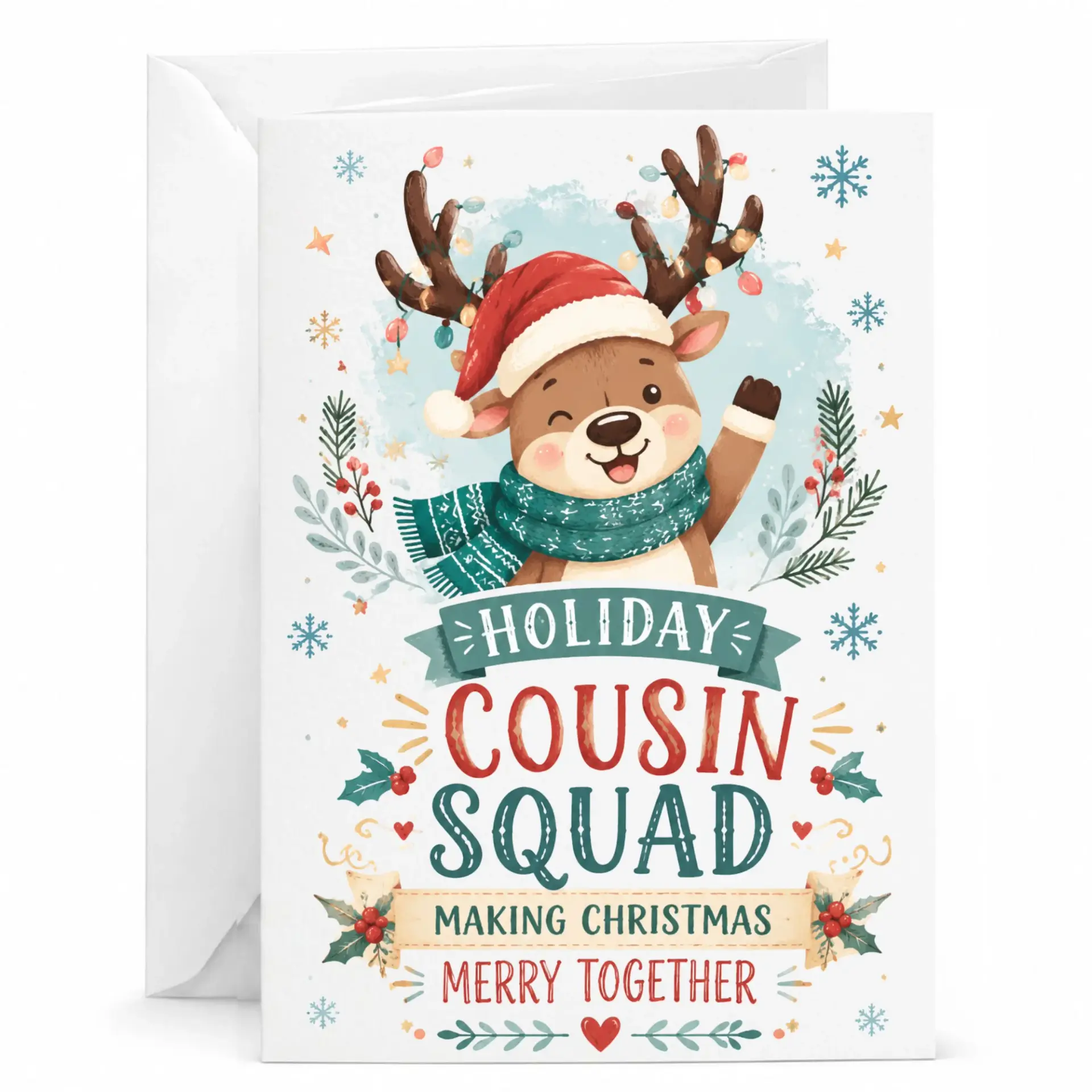 Holiday Greeting Card Funny Cousin Squad Christmas Theme Festive Reindeer Design with Matching White Envelope 5x7