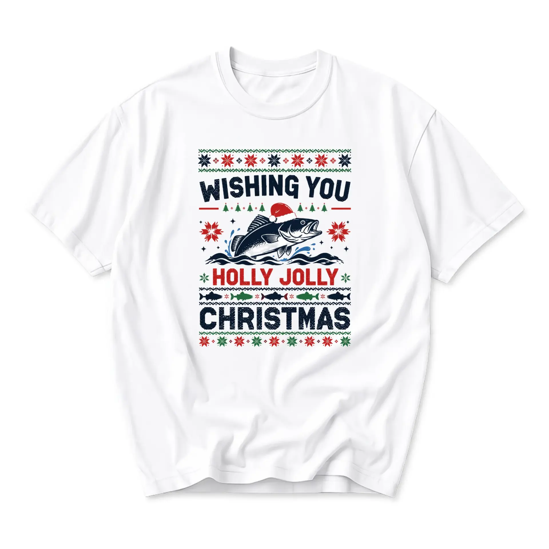 Funny Shirt Wishing You a Holly Fishing Graphic Tee Unisex Casual Holiday