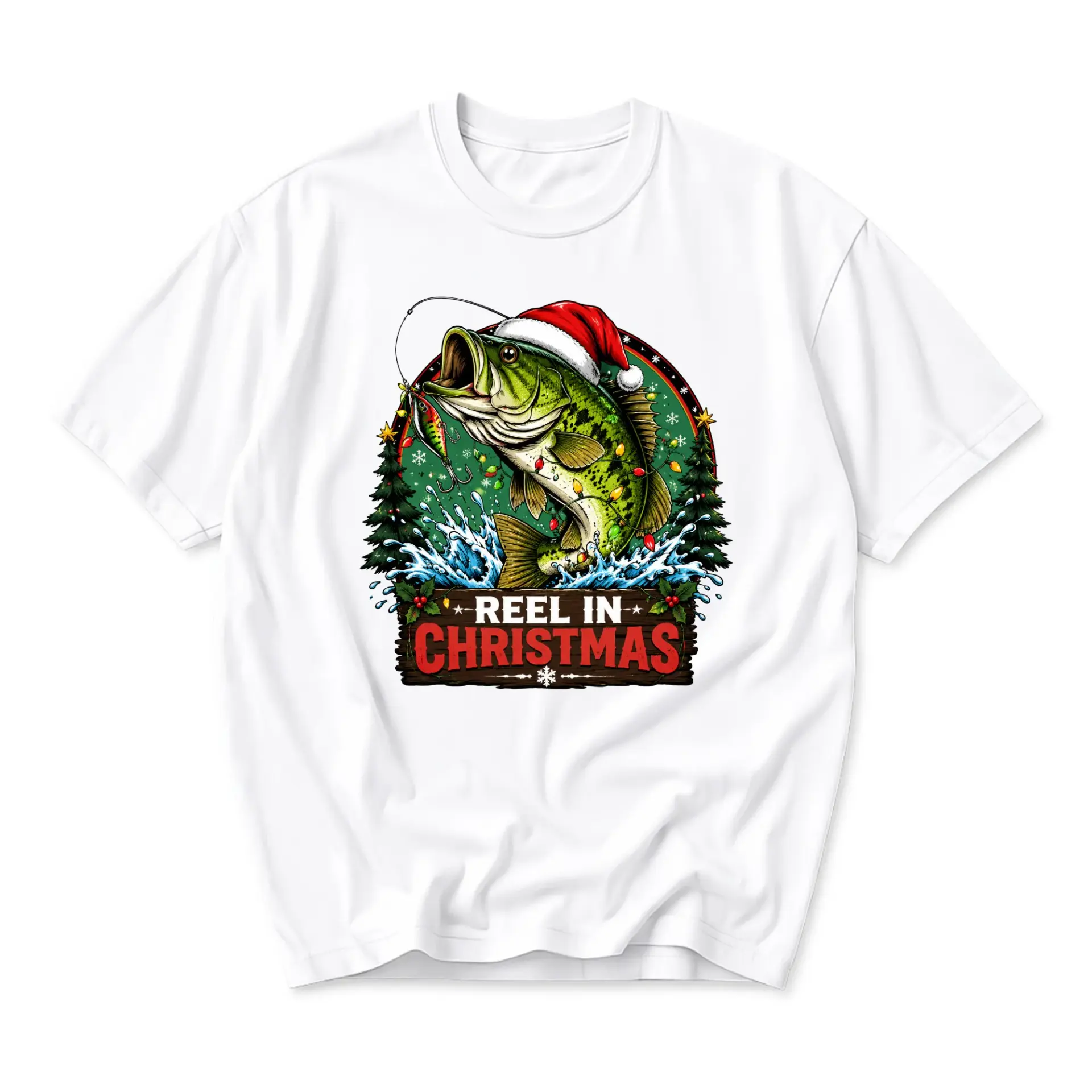 Funny Shirt Reel in Christmas Graphic Tee Fishing Holiday Gift Casual Unisex Cotton Blend Crew Neck Apparel White
