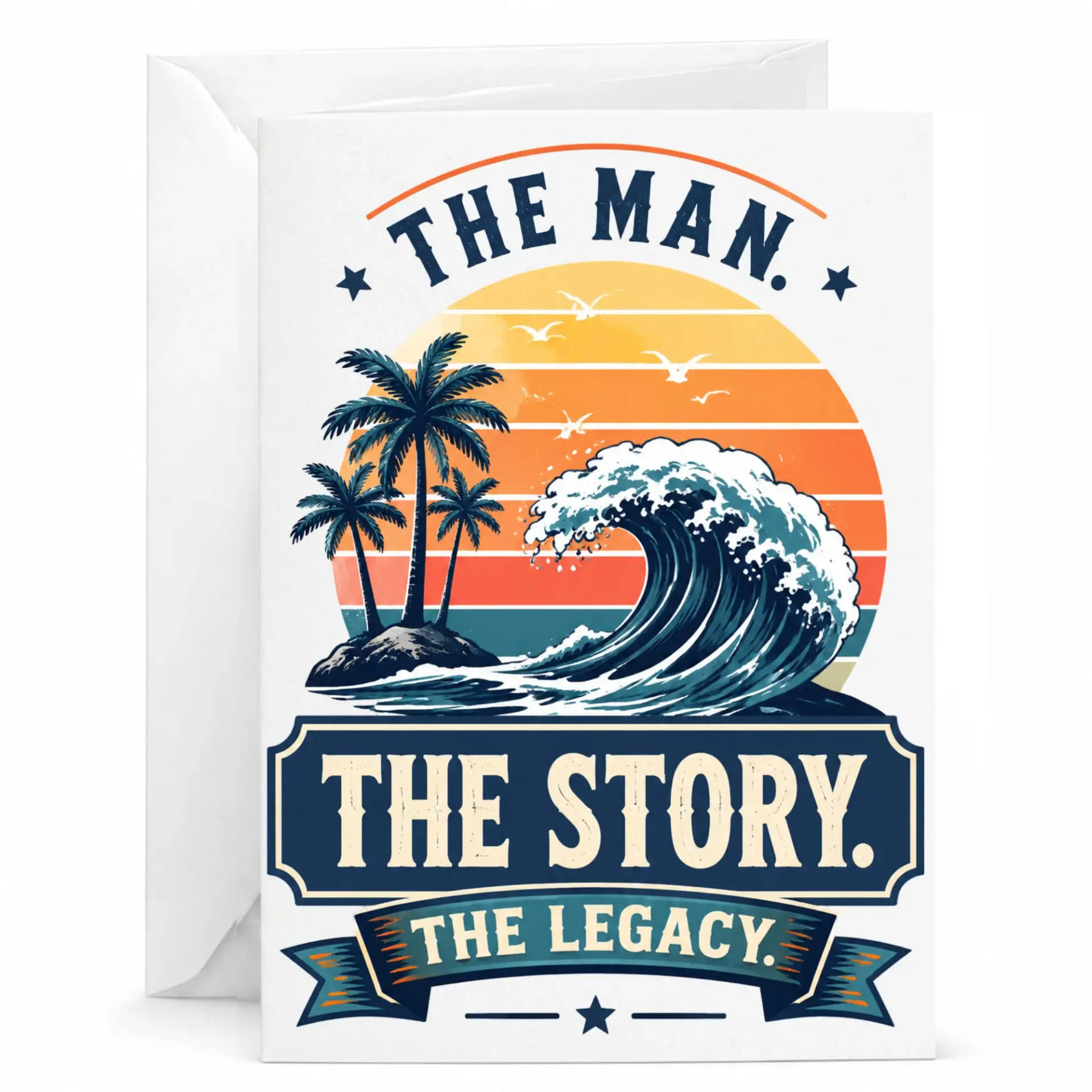 Greeting Card the Man Story Retro Beach Sunset Design for Masculine Celebrations and Appreciation