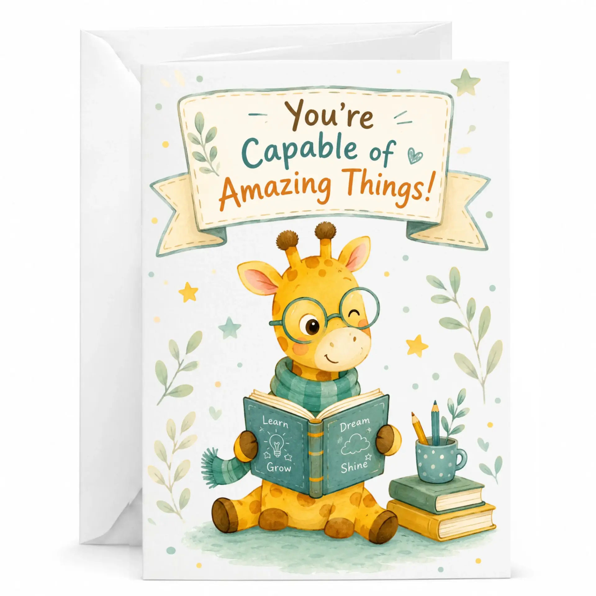Inspirational Greeting Card Featuring Cute Giraffe Reading a Book for Encouragement and Thoughtful Well Wishes