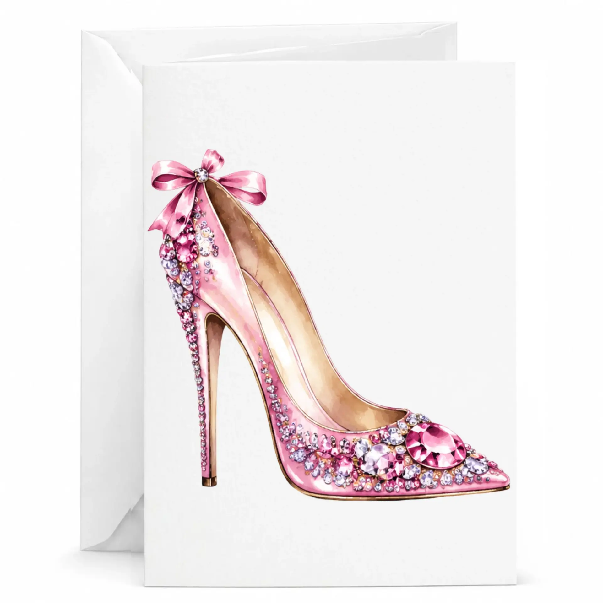 Elegant Pink Jeweled High Heel Greeting Card with Fashionable Stiletto Illustration for Stylish Celebrations