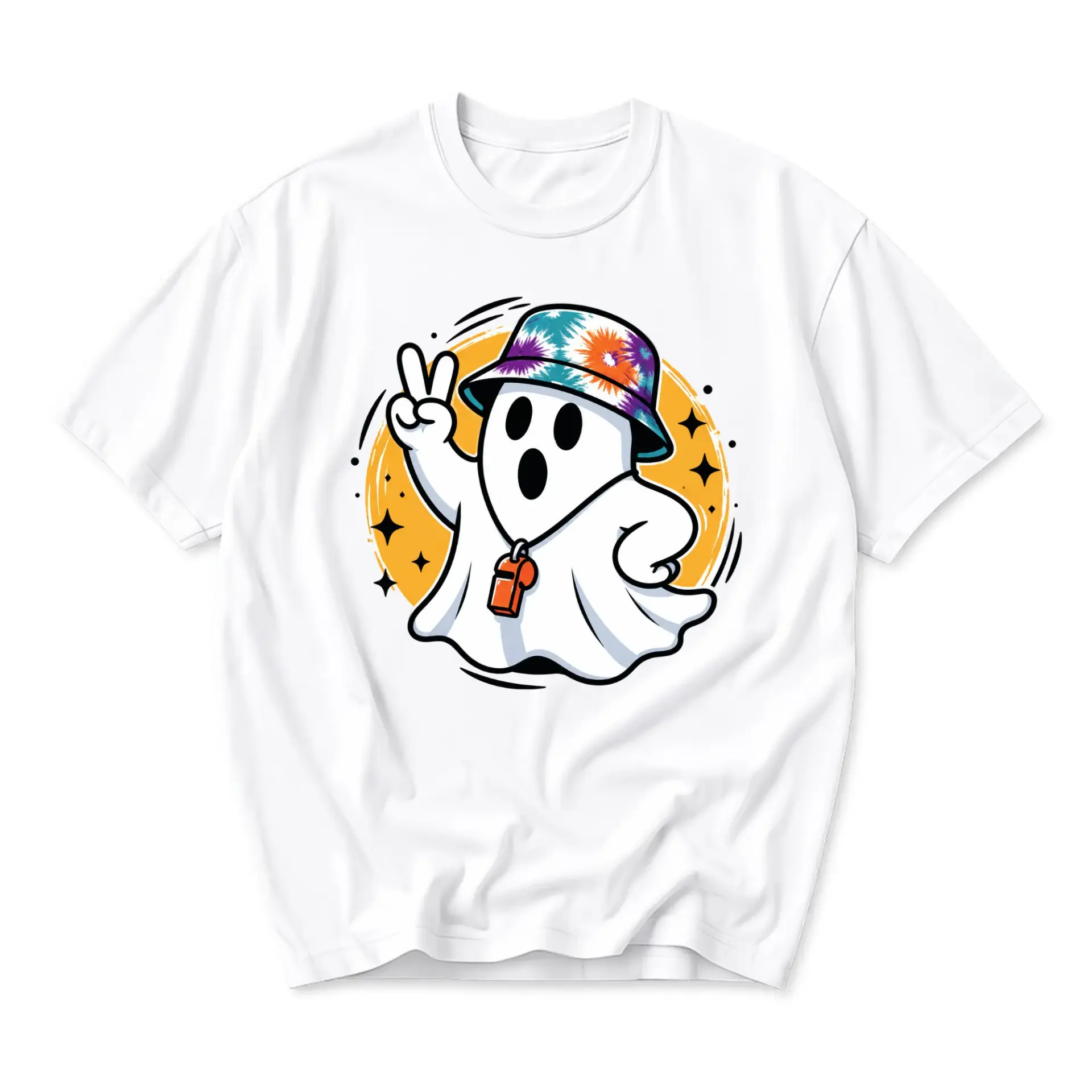 Graphic Tee Unisex Crew Neck Short Sleeve Shirt Featuring Cute Ghost Wearing Tie Dye Bucket Hat and Whistle Design