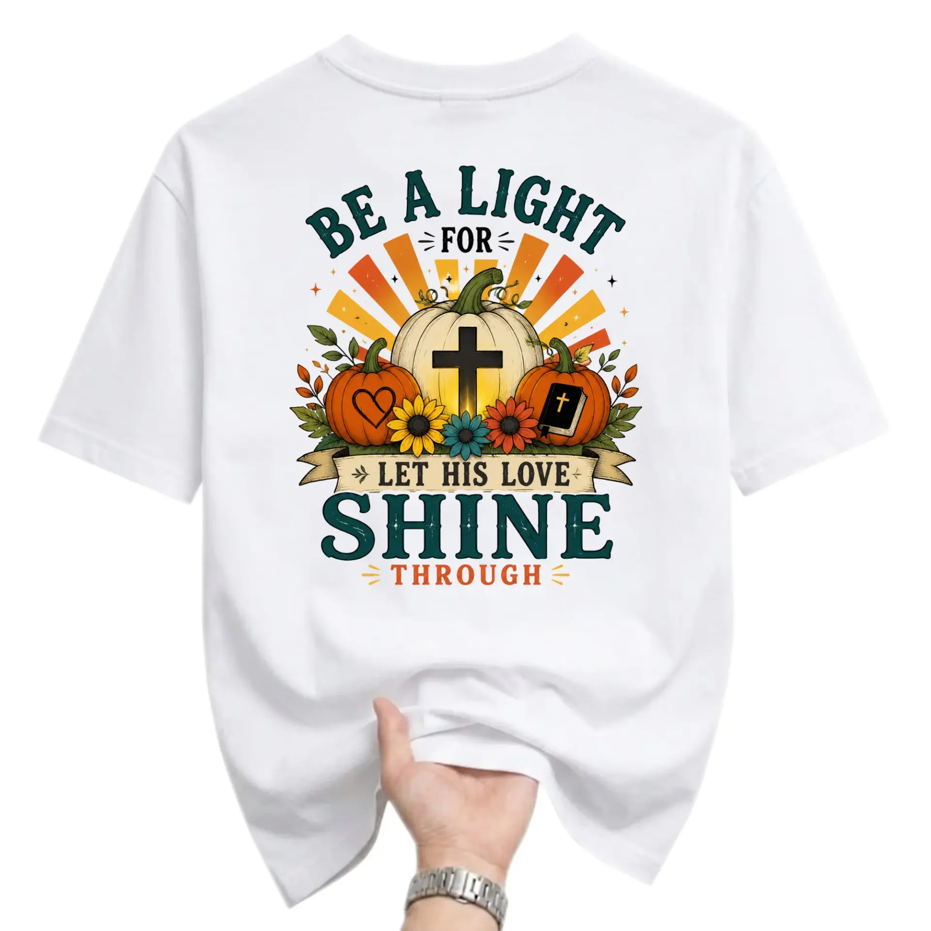 Graphic Tee Be a Light Let His Love Shine Through Inspirational Fall Pumpkin Shirt Unisex Short Sleeve Crew Neck Top