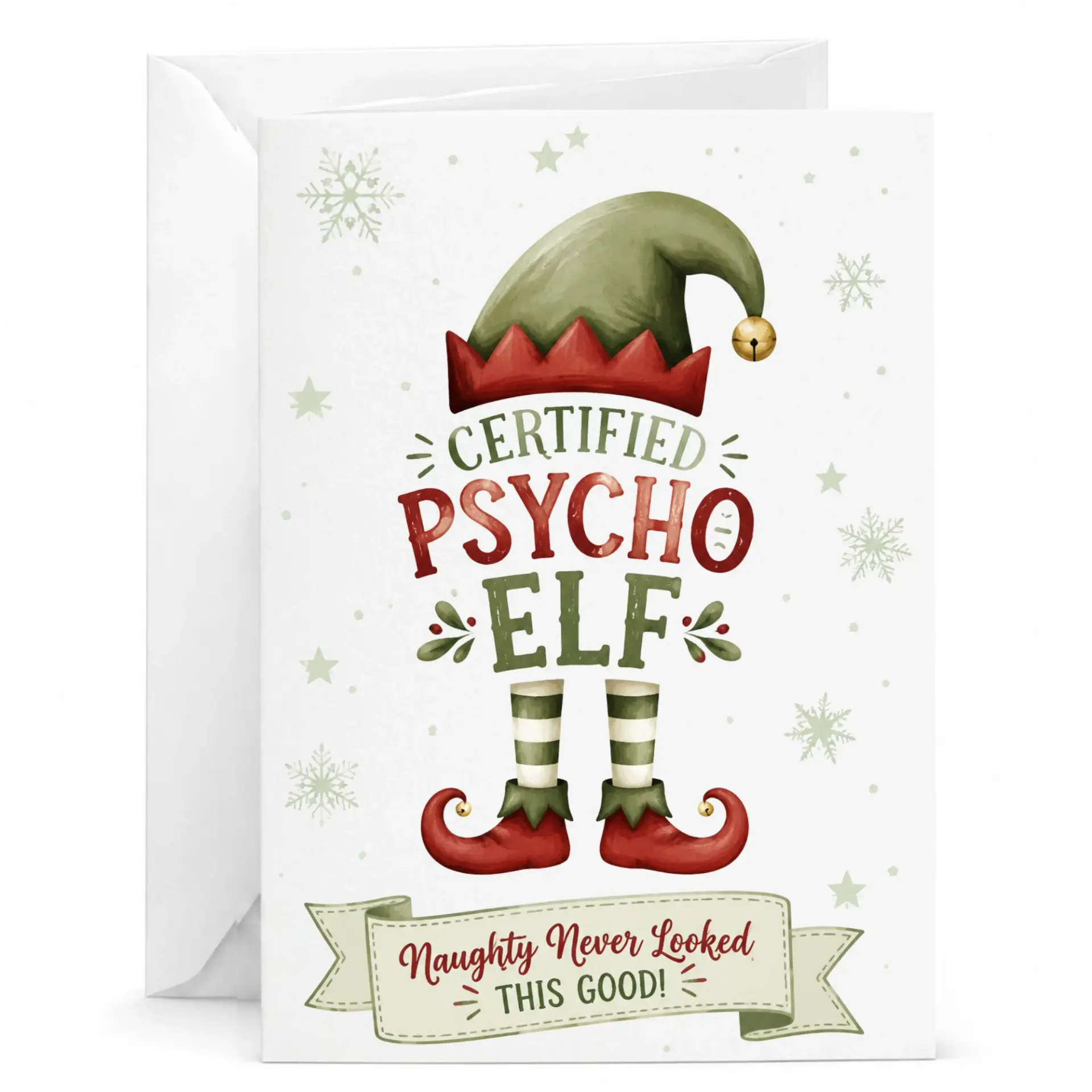 Funny Christmas Greeting Card Certified Psycho Elf Holiday Card for Friends and Family with Matching White Envelope