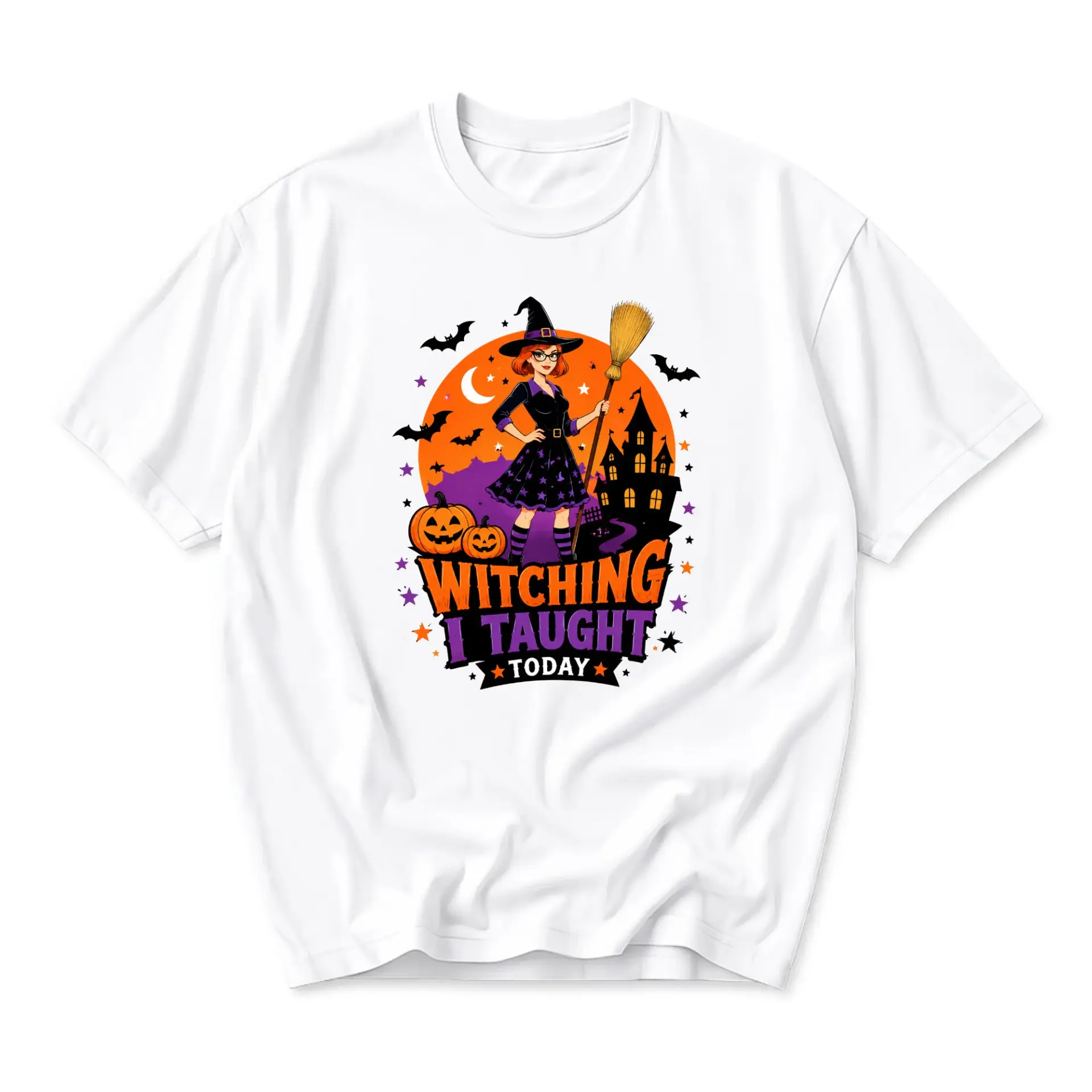 Graphic Tee Witching I Taught Today Halloween Shirt Funny Spooky Teacher Apparel Unisex Crew Neck Casual Cotton Top