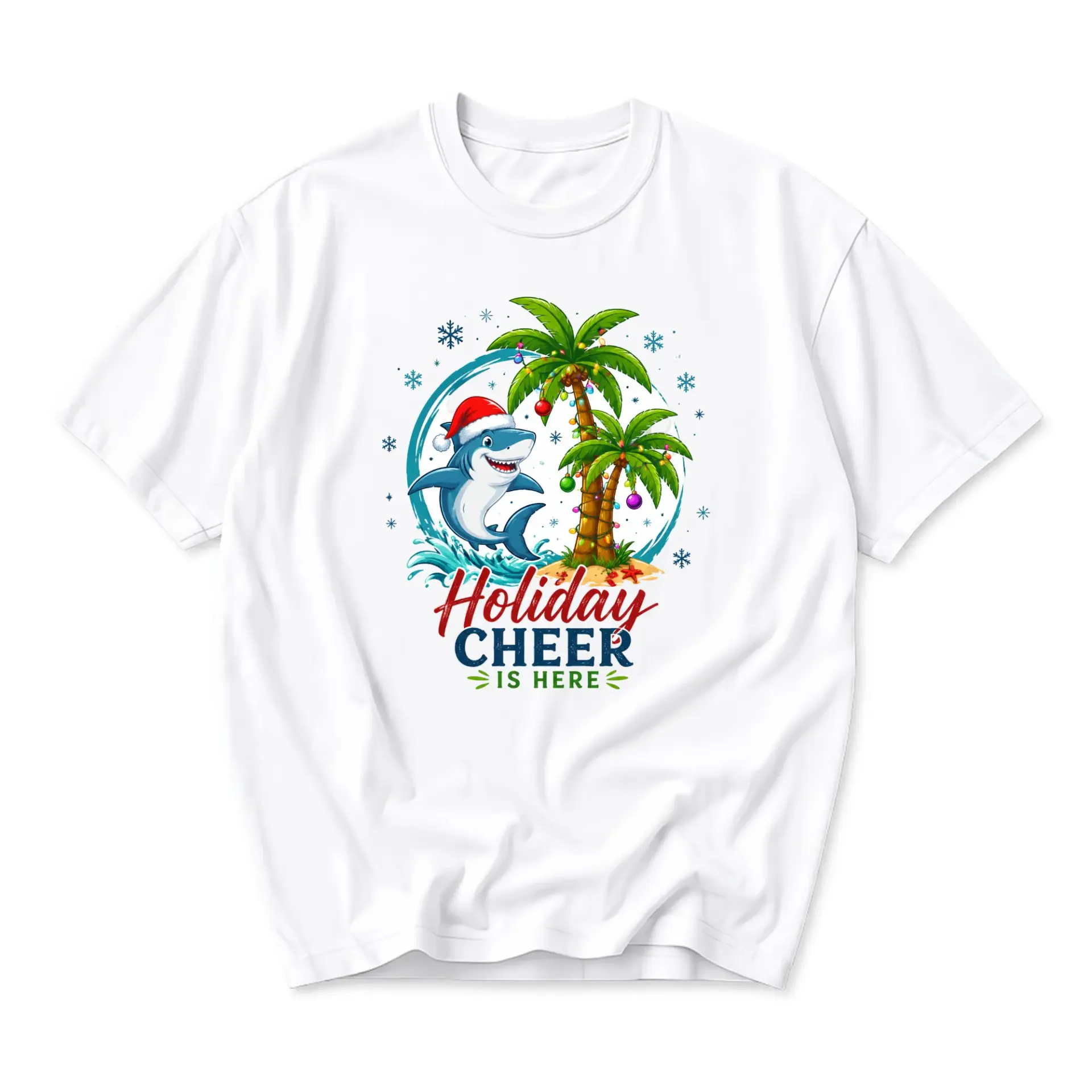 Graphic Tee Holiday Cheer Is Here Shark T-Shirt Tropical Christmas Illustration Unisex Casual Cotton Shirt