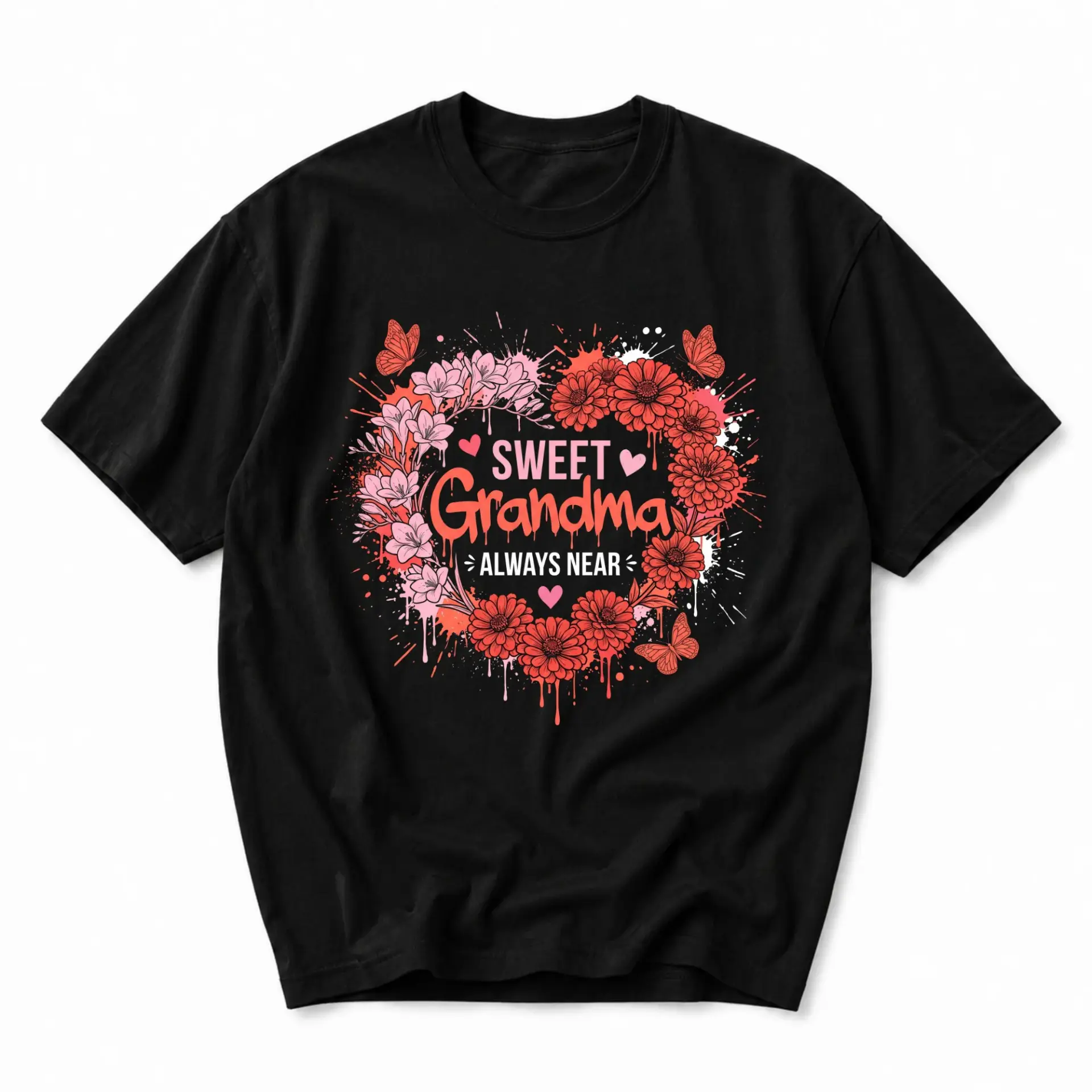 T-shirt Graphic Tee Sweet Grandma Always Near Floral Heart Art Apparel Casual Unisex Crew Neck Short Sleeve Cotton Top