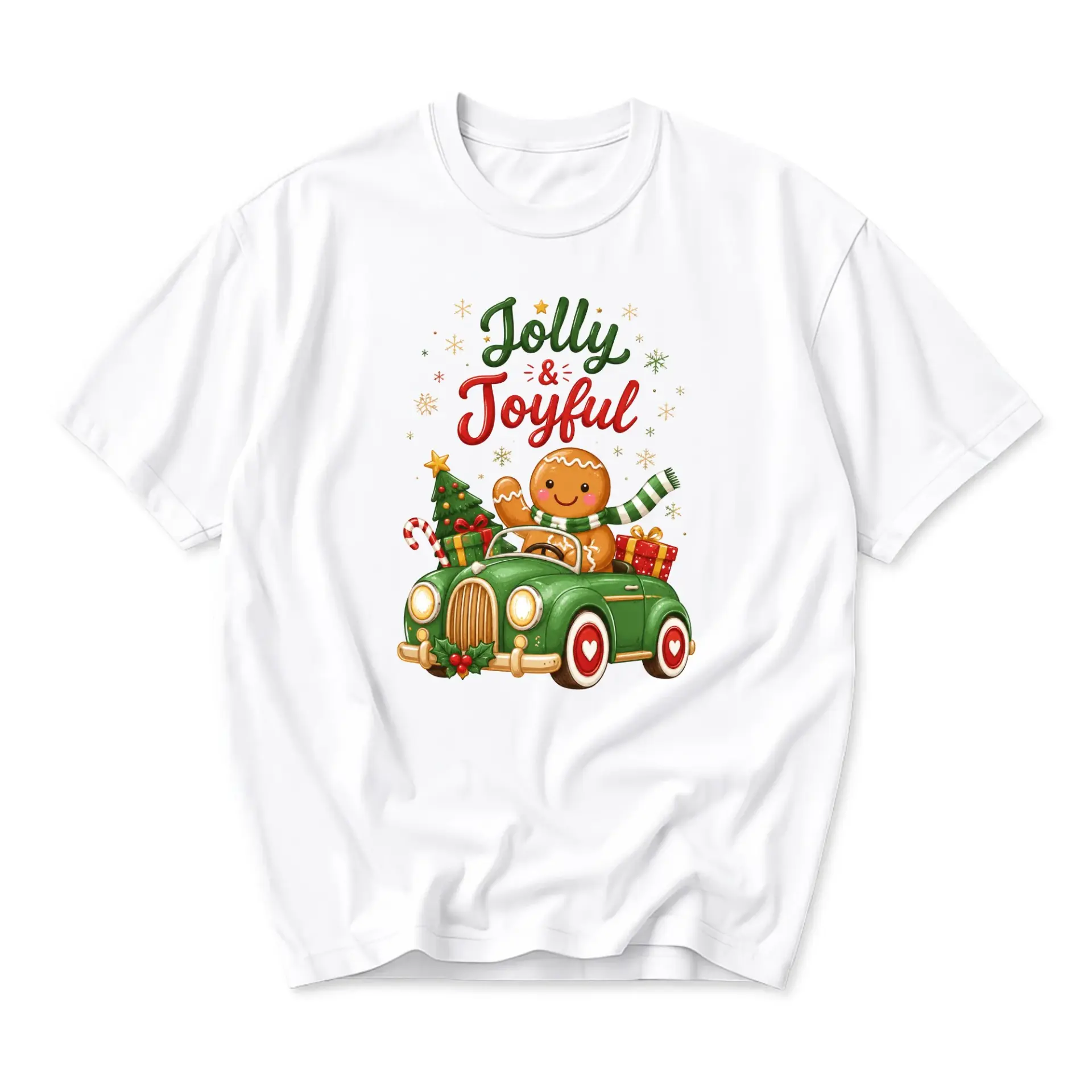 Graphic Tee Jolly and Joyful Gingerbread Man Driving Classic Green Car Unisex Crew Neck Short Sleeve Holiday T-Shirt