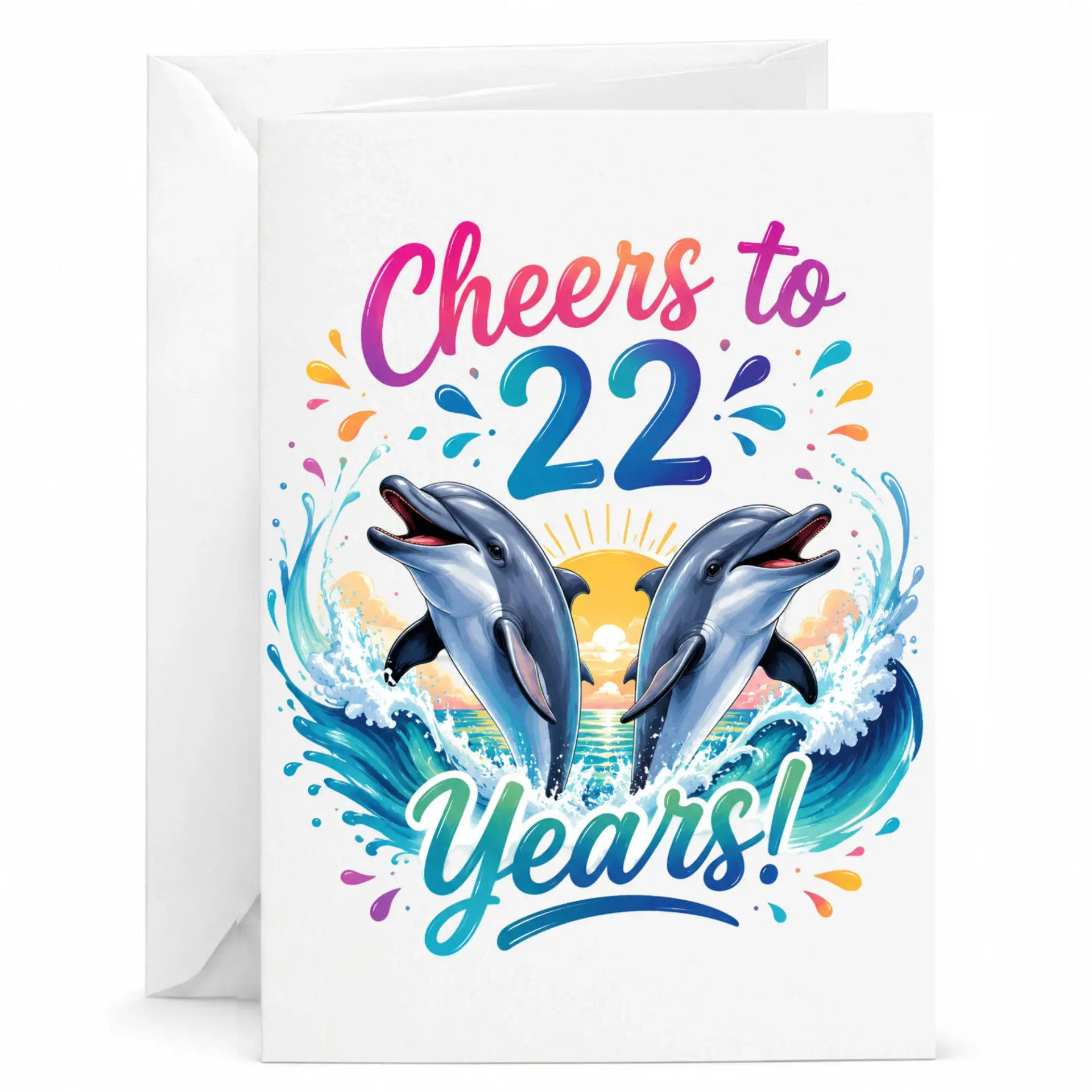Funny Birthday Card Cheers to 22 Years Featuring Two Playful Dolphins Splashing in the Ocean Watercolor Art Design