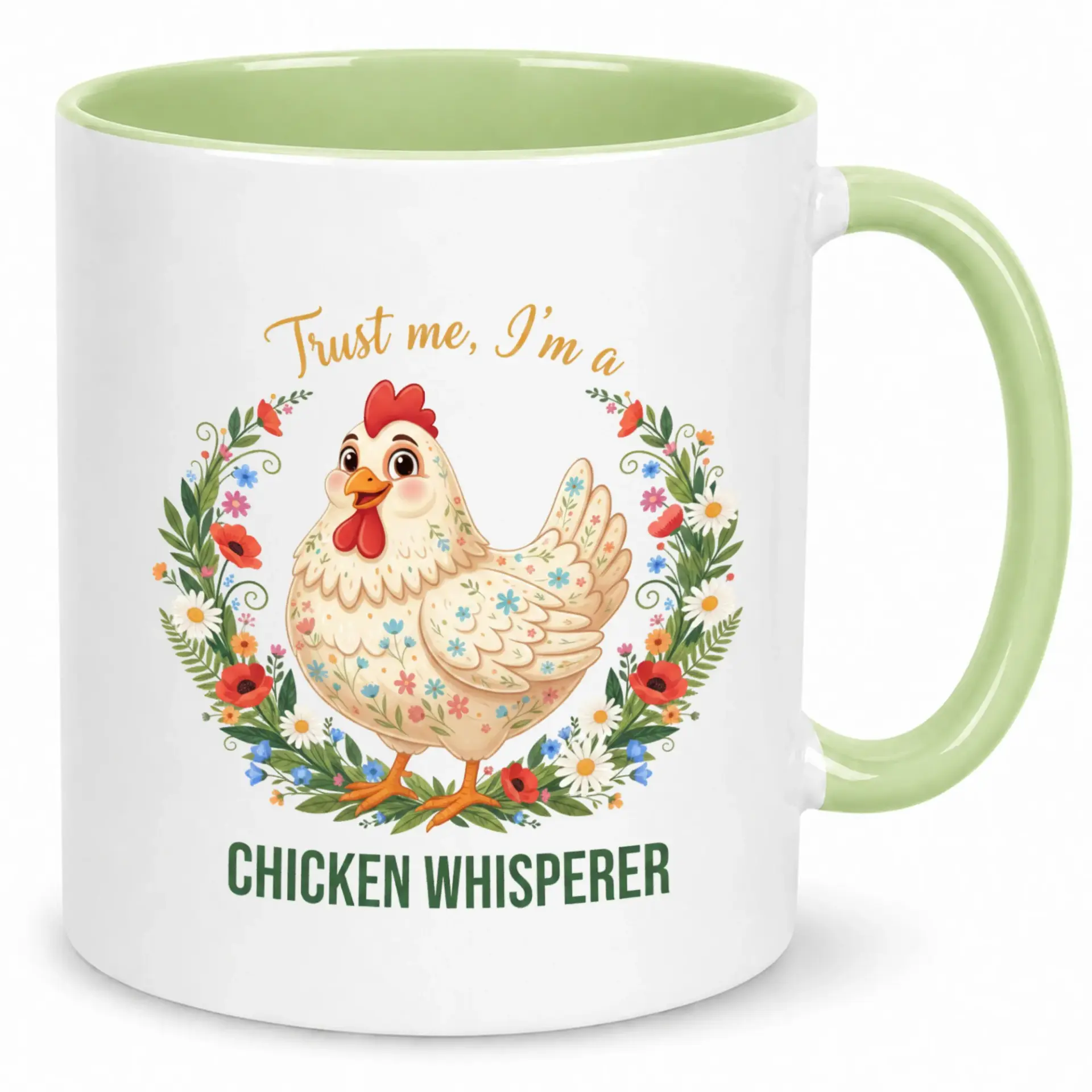 Funny Chicken Whisperer Ceramic Coffee Mug with Cute Floral Design Humorous Farm Animal Lover Beverage Cup 11 Oz or 15 Oz Gift