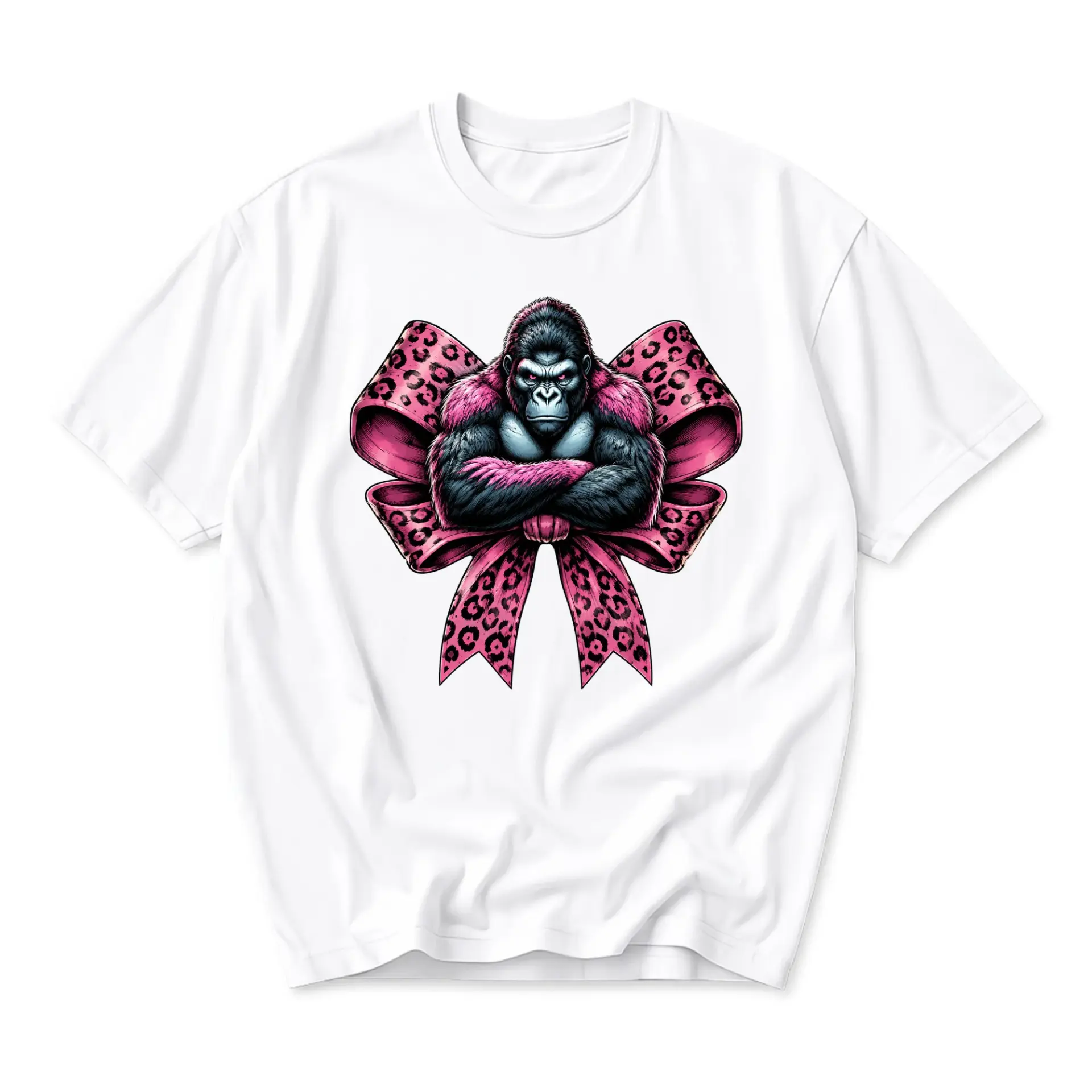 Graphic Tee Unisex Crew Neck T-Shirt Featuring a Tough Gorilla in a Decorative Pink Leopard Print Bow Design