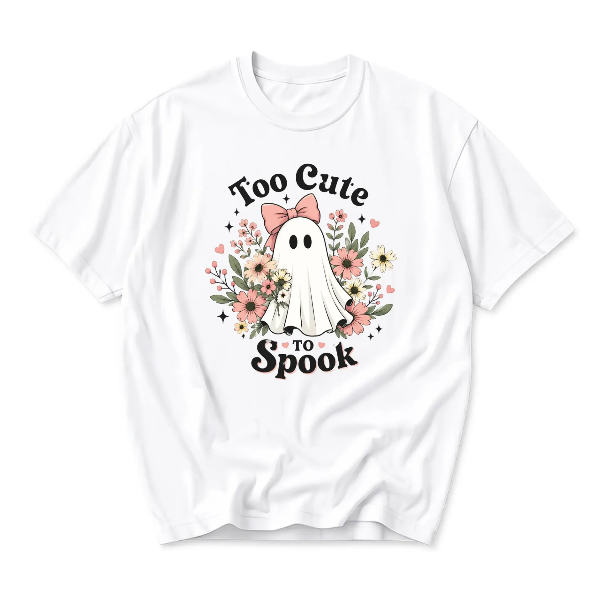 Graphic Tee Too Cute to Spook Floral Ghost Print Unisex Crew Neck Casual Everyday Short Sleeve Cotton Apparel White