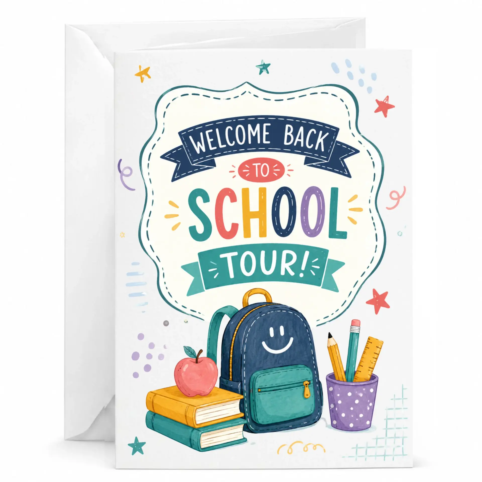 Greeting Card Welcome Back to School Tour Colorful Illustrated Design Printed Stationery for Notes and Enthusiasts