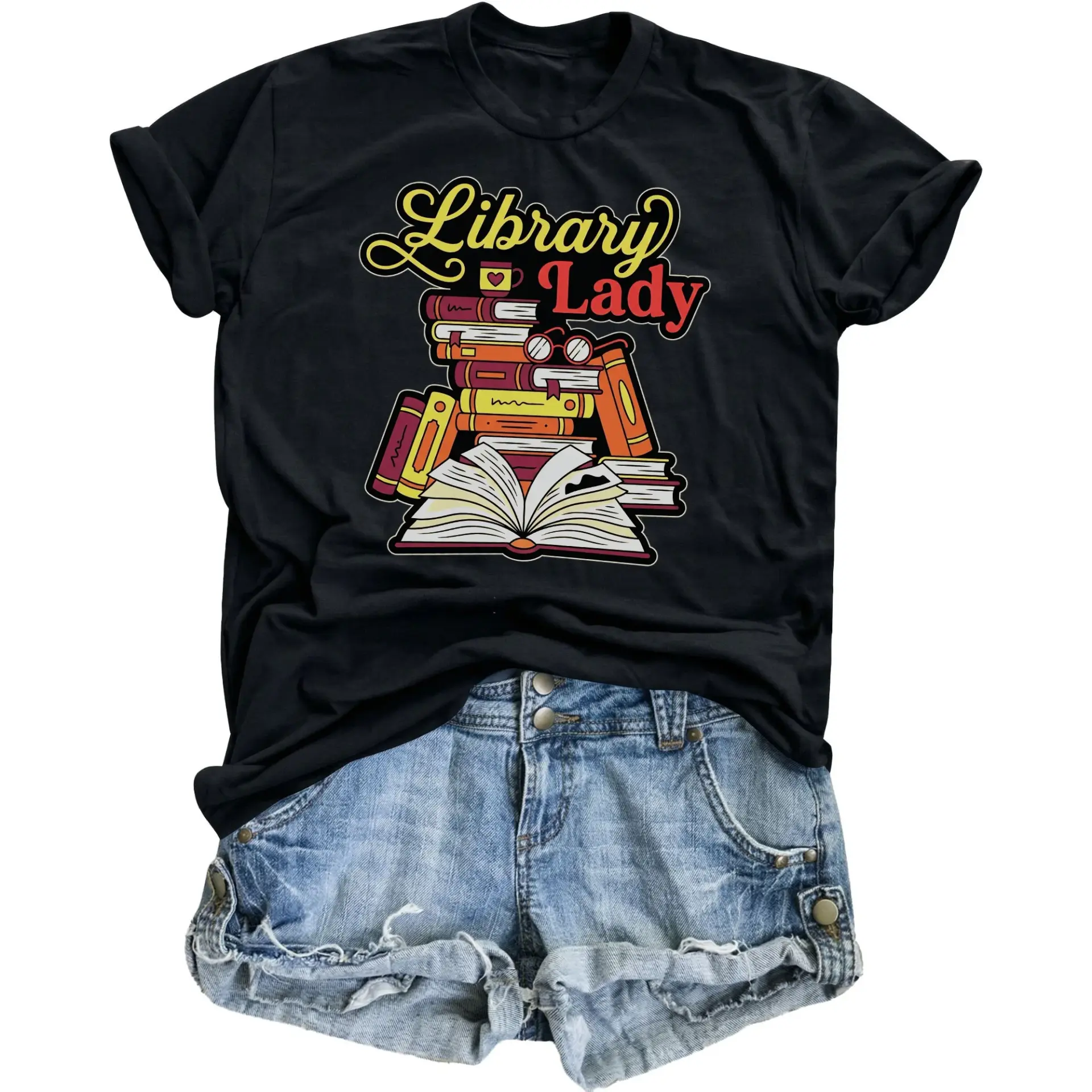 Graphic Tee Library Lady Shirt Book Lover Gift Unisex Crew Neck Casual Everyday Wear Soft Cotton Blend Black