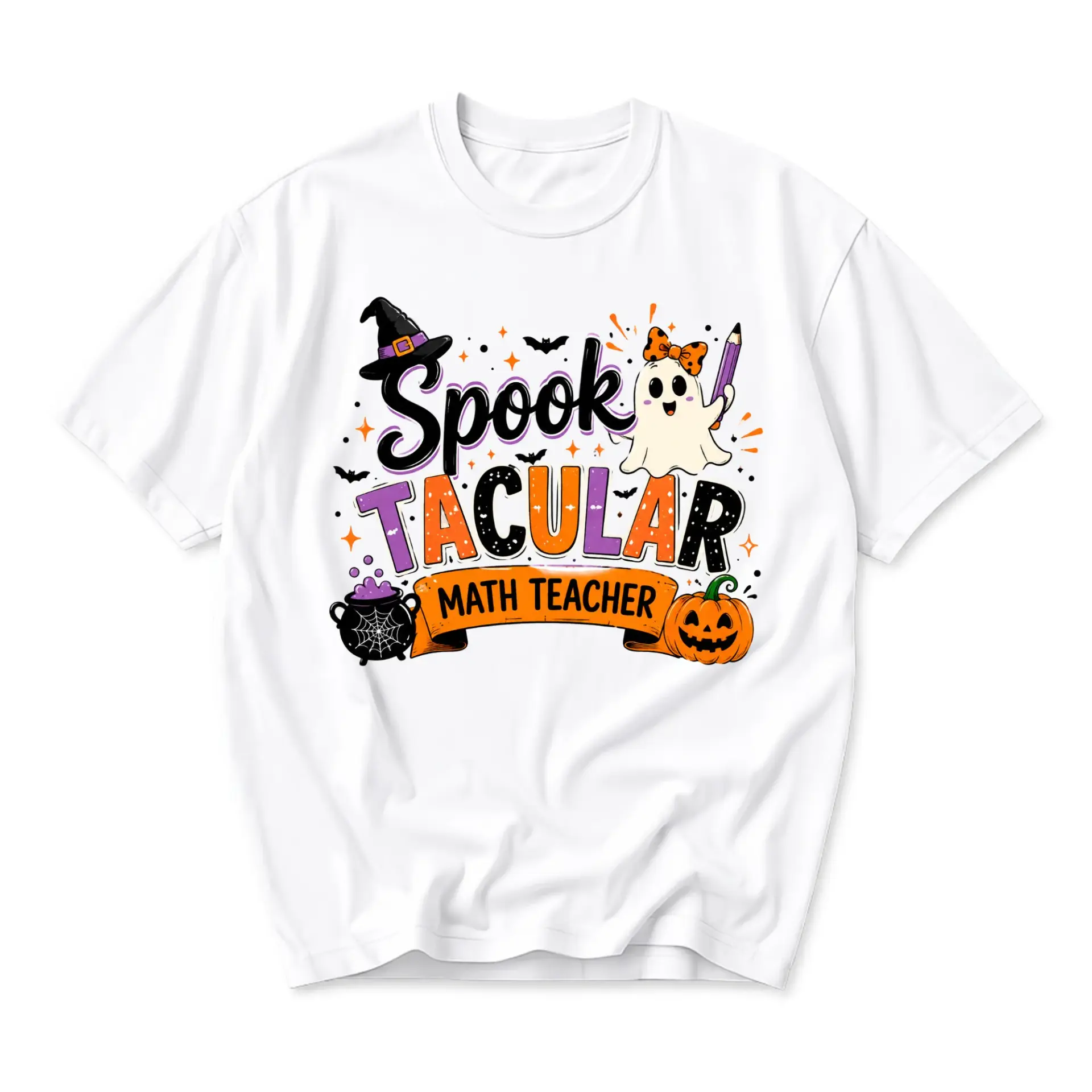 Funny Shirt Spooktacular Math Teacher Graphic Tee Casual Unisex Crew Neck Holiday Apparel for Educator Halloween Outfit