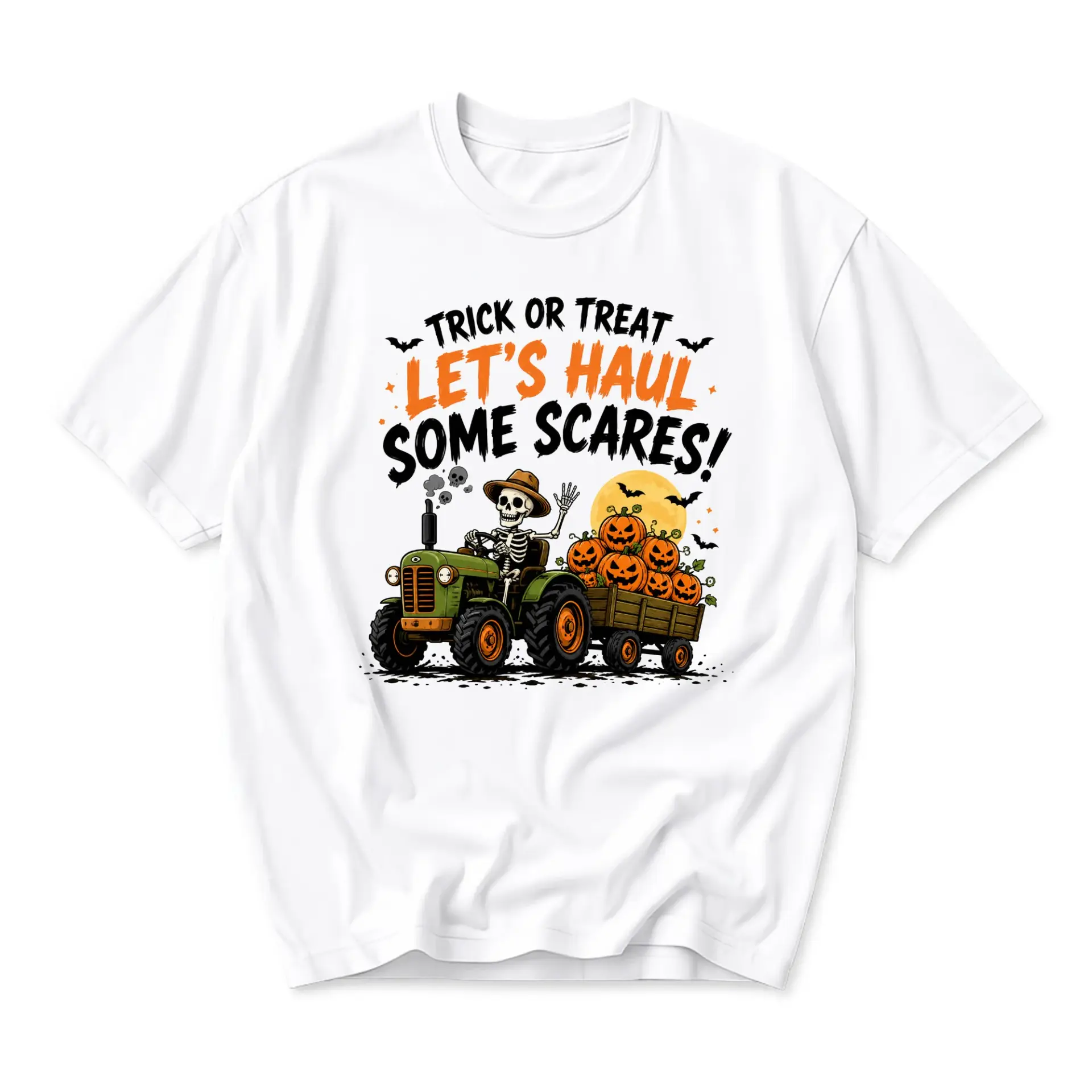 Graphic Tee Trick or Treat Let Is Haul Some Scares Halloween Shirt Featuring Skeleton Driving Farm Tractor
