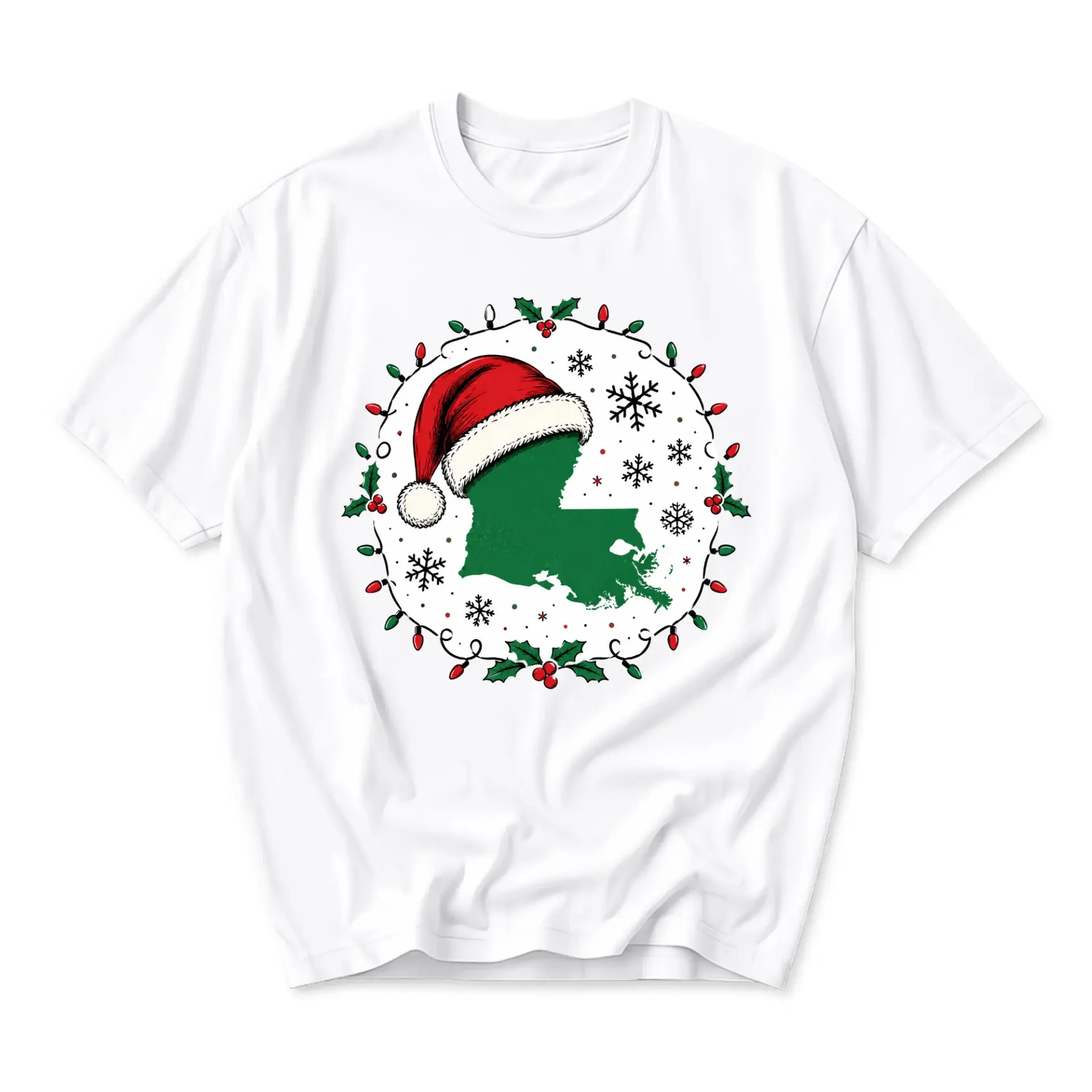 T-shirt Louisiana State Map Holiday Graphic Tee Festive Christmas Ornament Design Unisex Crew Neck Everyday Casual Top