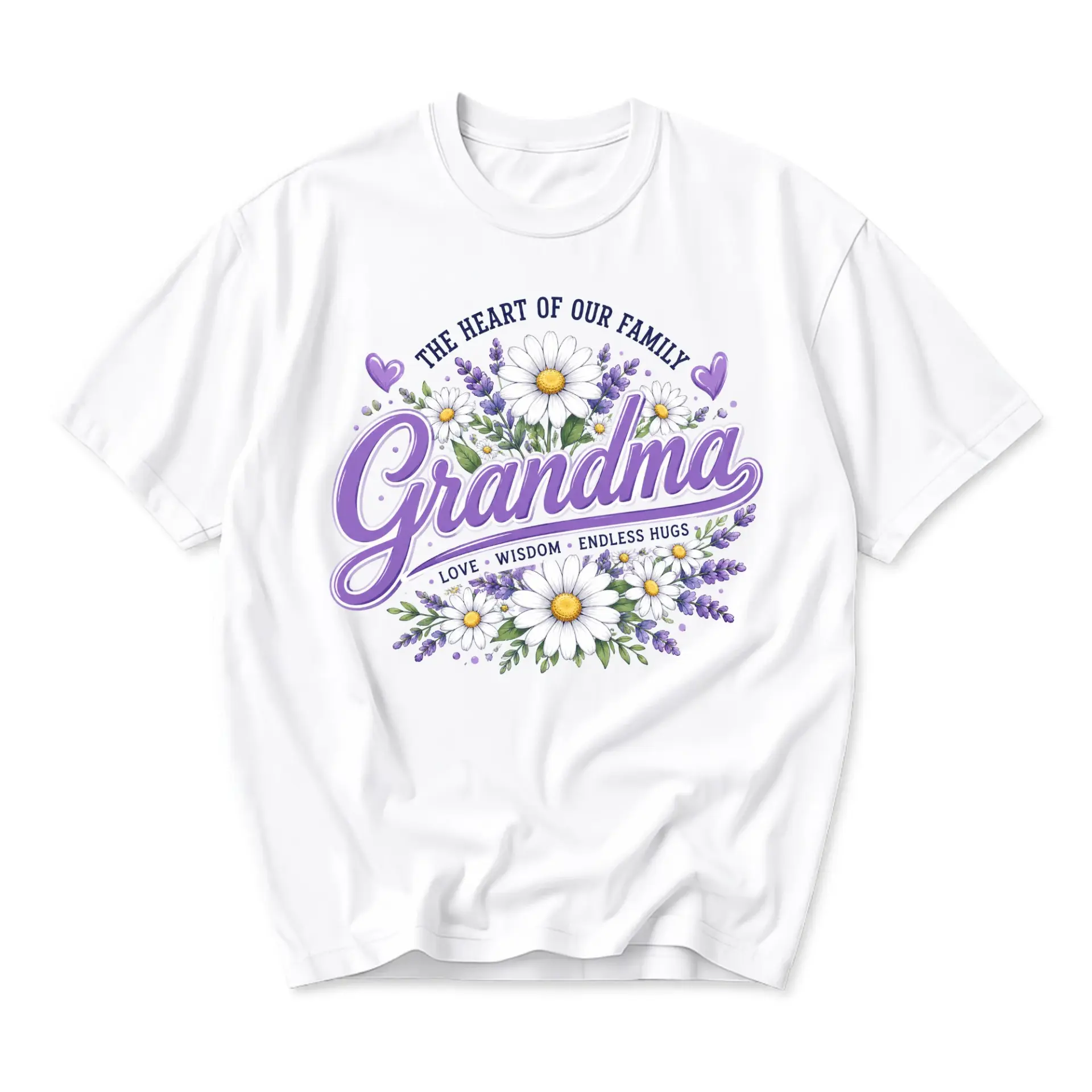 T-shirt Grandma the Heart of Our Family Graphic Tee Floral Lavender Daisy Design Casual Crew Neck Short Sleeve Top