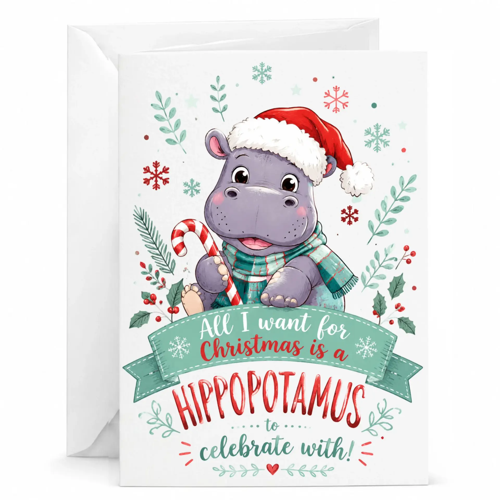 Holiday Greeting Card Featuring Cute Hippo Character with Candy Cane, Festive Seasonal Illustration, 5x7 Inches