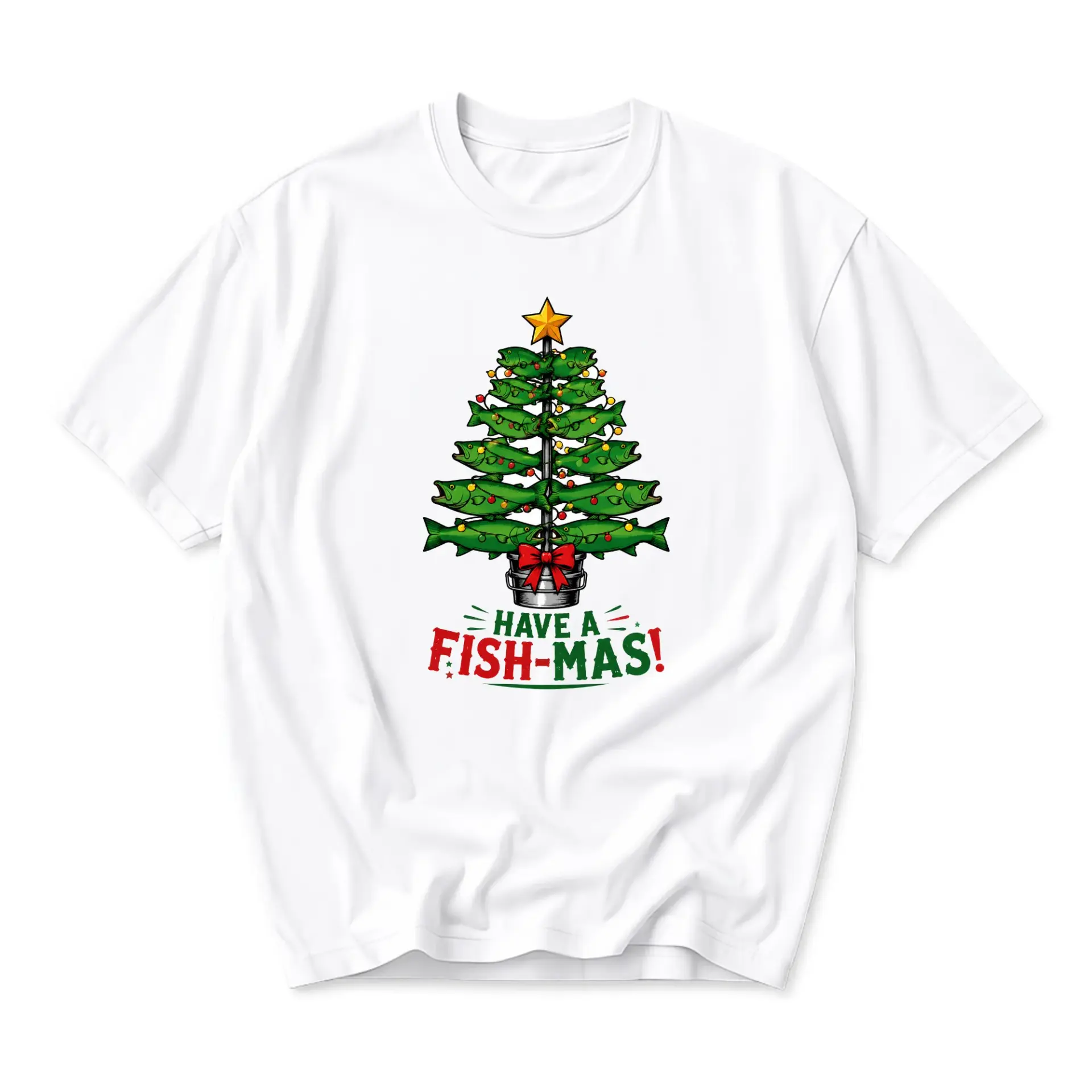 Funny Shirt Have a Fish-Mas Christmas Tree Graphic Tee Unisex Casual Crew Neck Soft Cotton Blend Holiday Apparel