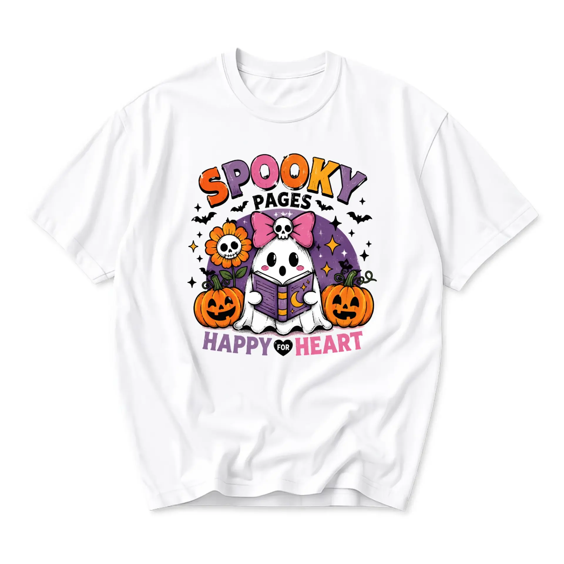 Graphic Tee Spooky Pages Happy for Heart Reading Ghost Unisex Crew Neck Casual Everyday Wear Cotton Blend Shirt