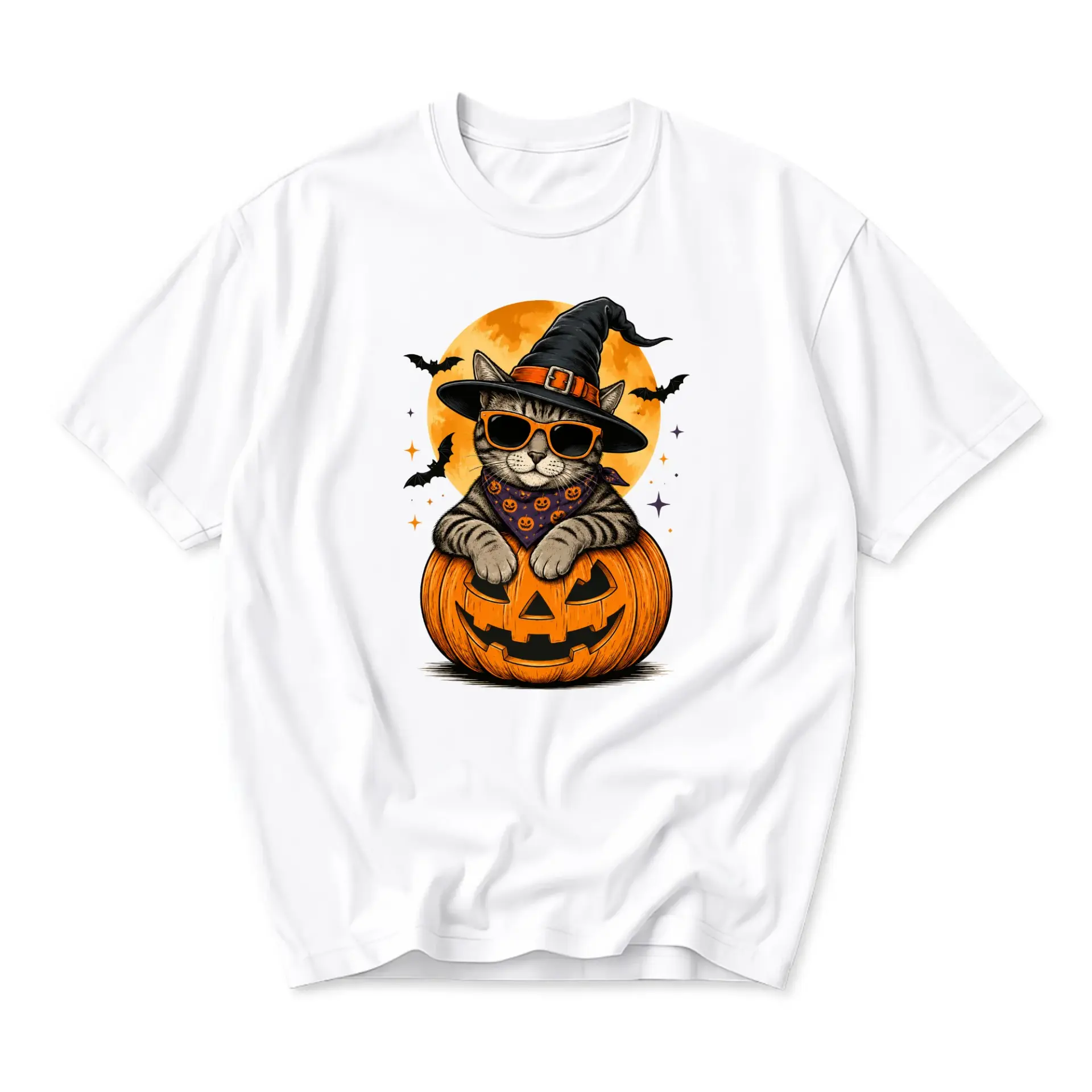 Graphic Tee Unisex Crew Neck T-Shirt Featuring Cool Cat Wearing Witch Hat and Sunglasses Inside Jack O Lantern
