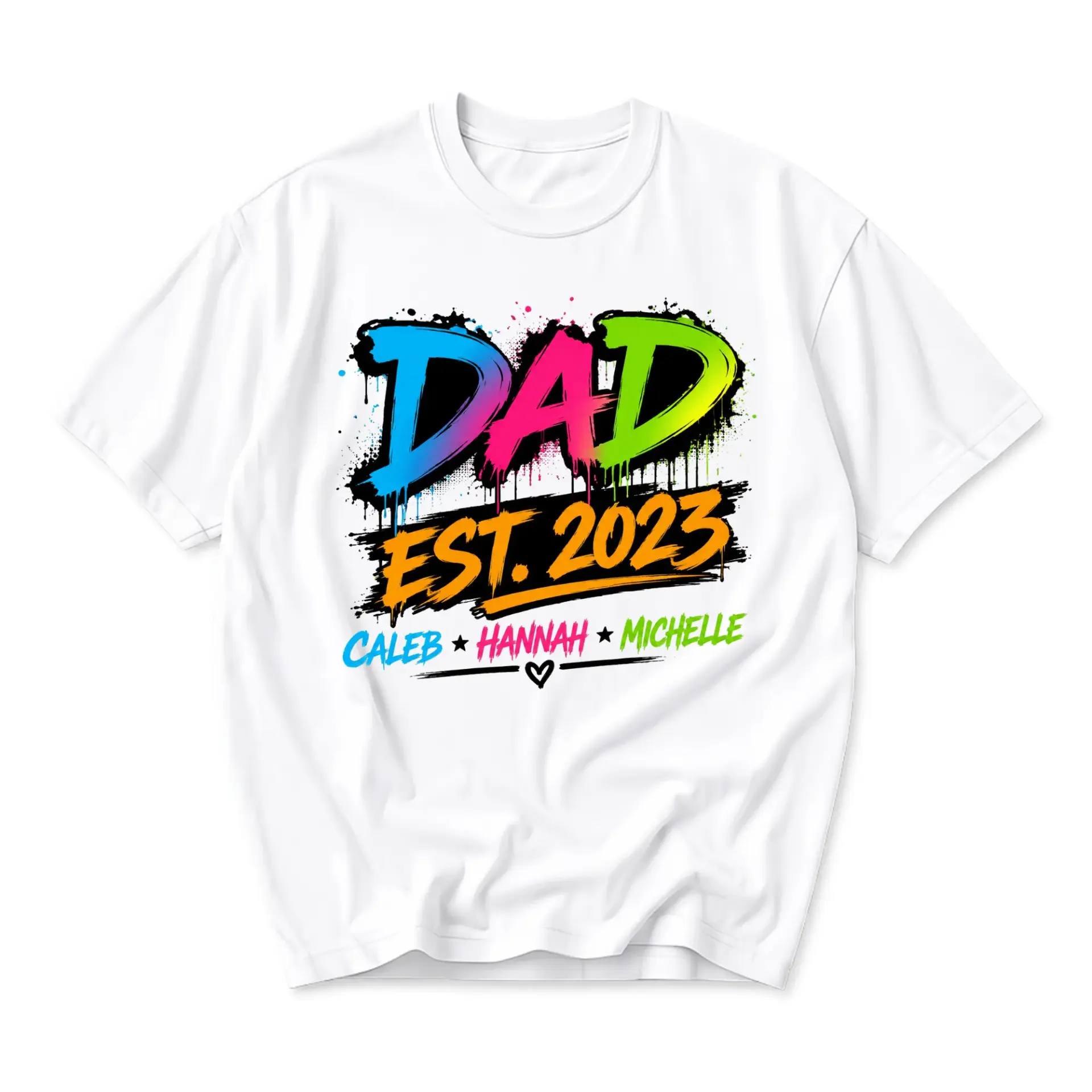 T-shirt Dad Est 2023 Personalized Graphic Tee with Caleb Hannah and Michelle Names Bright Multicolored Street Art Style