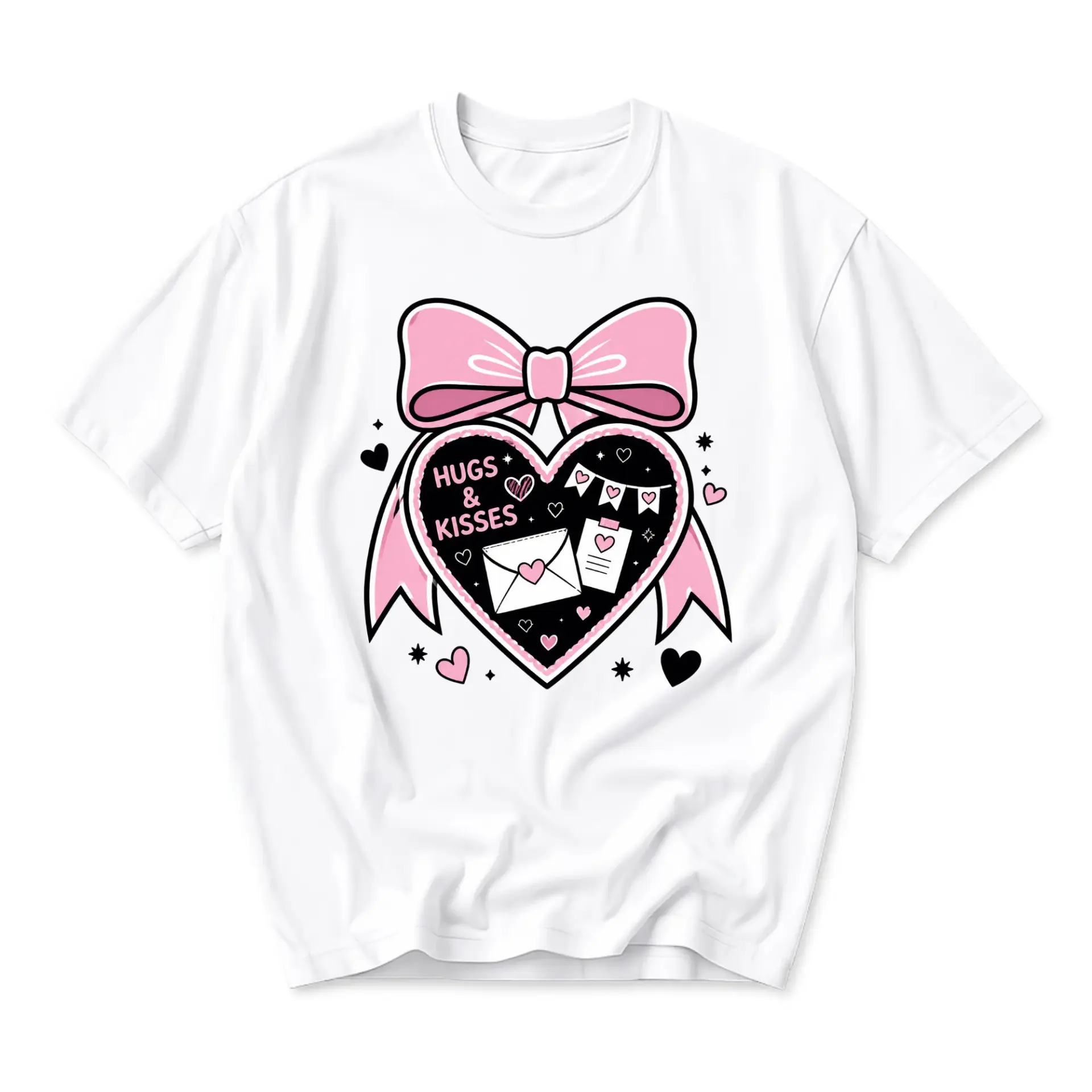 Graphic Tee Hugs and Kisses Heart Bow Illustration Unisex Crew Neck Short Sleeve Casual Cotton Blend Fashion Shirt
