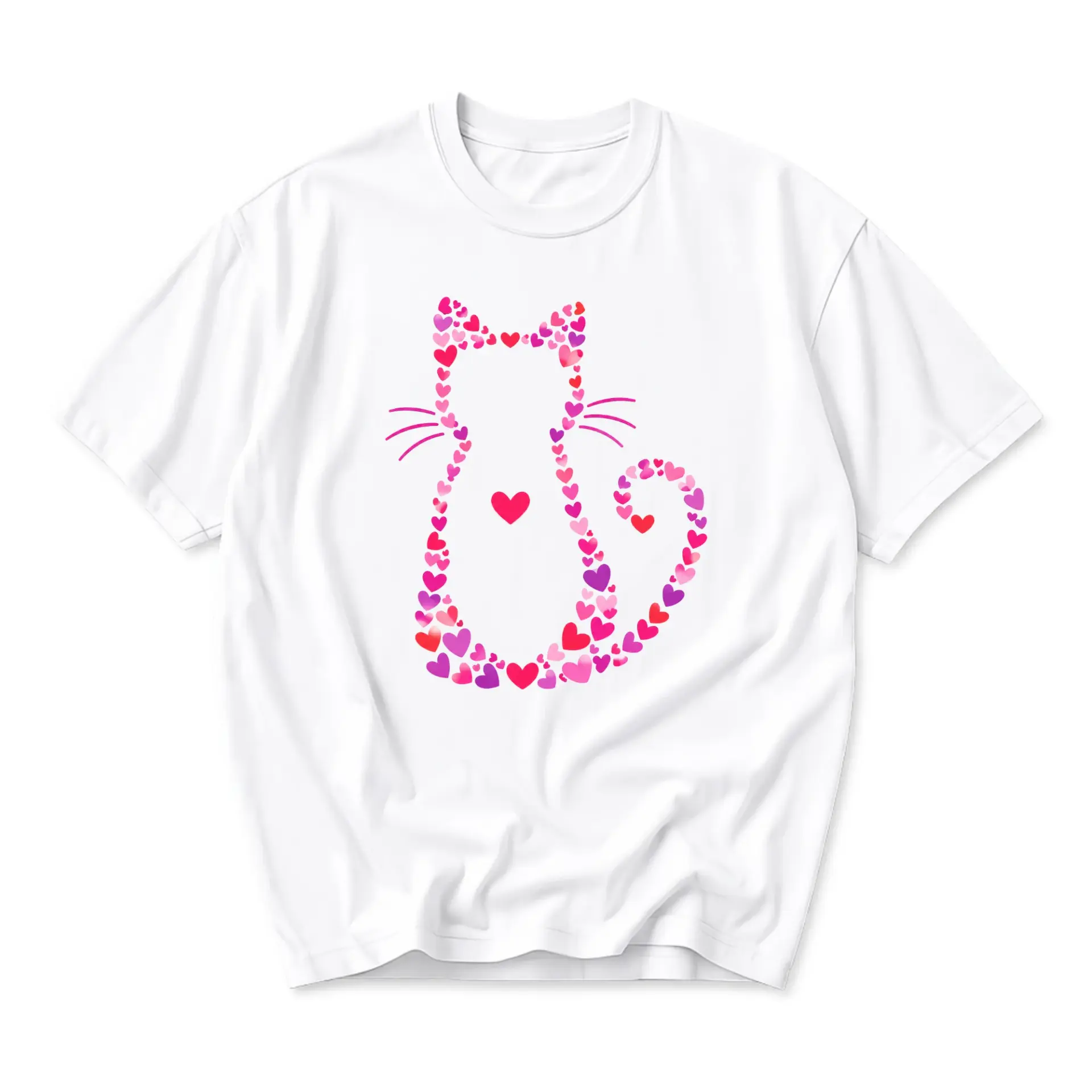 Graphic Tee Featuring a Whimsical Cat Silhouette Composed of Multi Colored Hearts for Casual Everyday Apparel Style