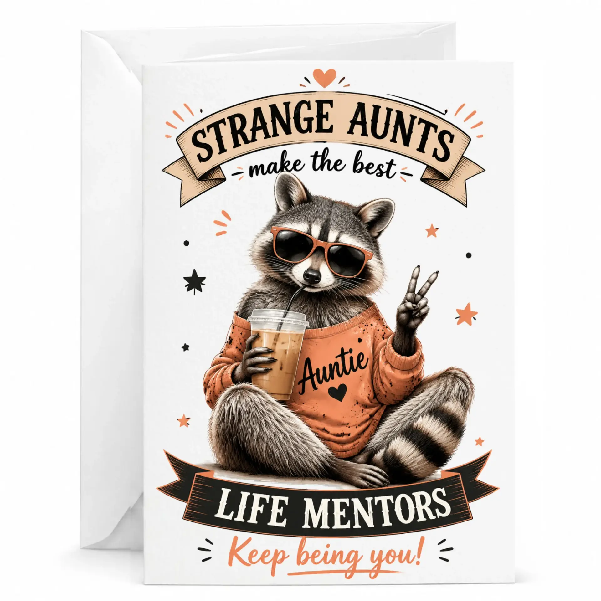 Funny Greeting Card for Auntie Featuring Cool Raccoon Design Whimsical Illustration with Iced Coffee and Sunglasses