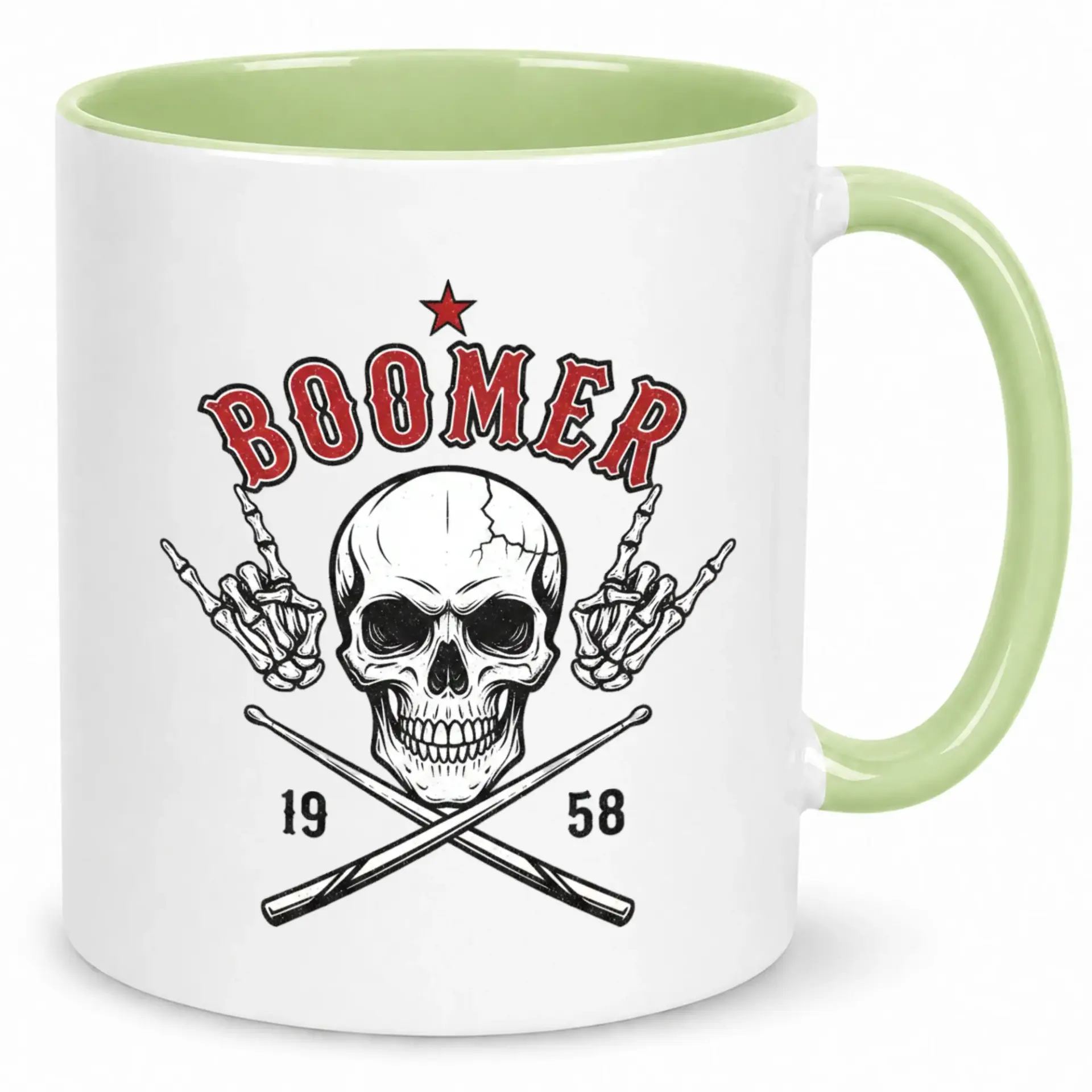 Funny Boomer and Roll Skull Ceramic Coffee Mug with Drumsticks Hand Signs Unique Generational Theme Beverage Cup 11 Oz or 15 Oz